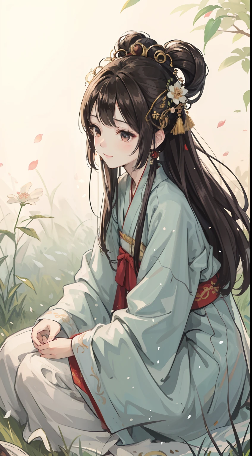 "the Extremely Detailed CG Unity 8K Wallpapers,tmasterpiece,Best picture quality,【😊Colored Forest,depth of fields,A large number of splashed droplets:1.2,petals,Toys surround,ventania,Foliage,grassy fields,volumettic light】brunette color hair,chineseidol,Be red in the face,Hanfu,ssmile,Half of your body is in water,Chinese style Hanfu,Air bangs,