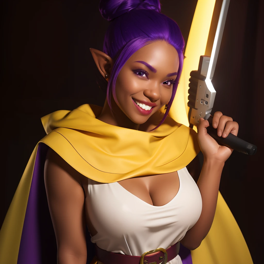 TheHunter,purple hair,solo,long hair,red eyes,medium breasts,pointy ears,hair bun, dark skin,
Hgear, dress,belt,yellow cape,sleeveless,boots, red leggings, short white dress, cleavage, holding a pistol crossbow, close up shot, dungeon background, smiling