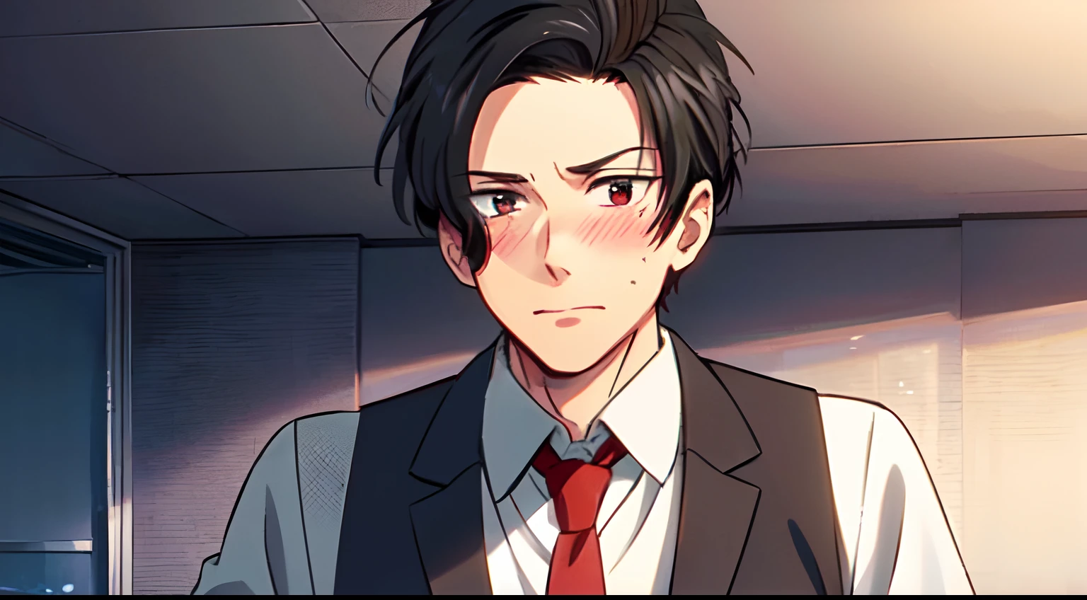 masterpiece, 1Man, (solo), luci\(obeyme\), red eyes, black hair, luci\(everyday\), (black shirt), (red vest), (red necktie), blush, indoor, home, look at viewer