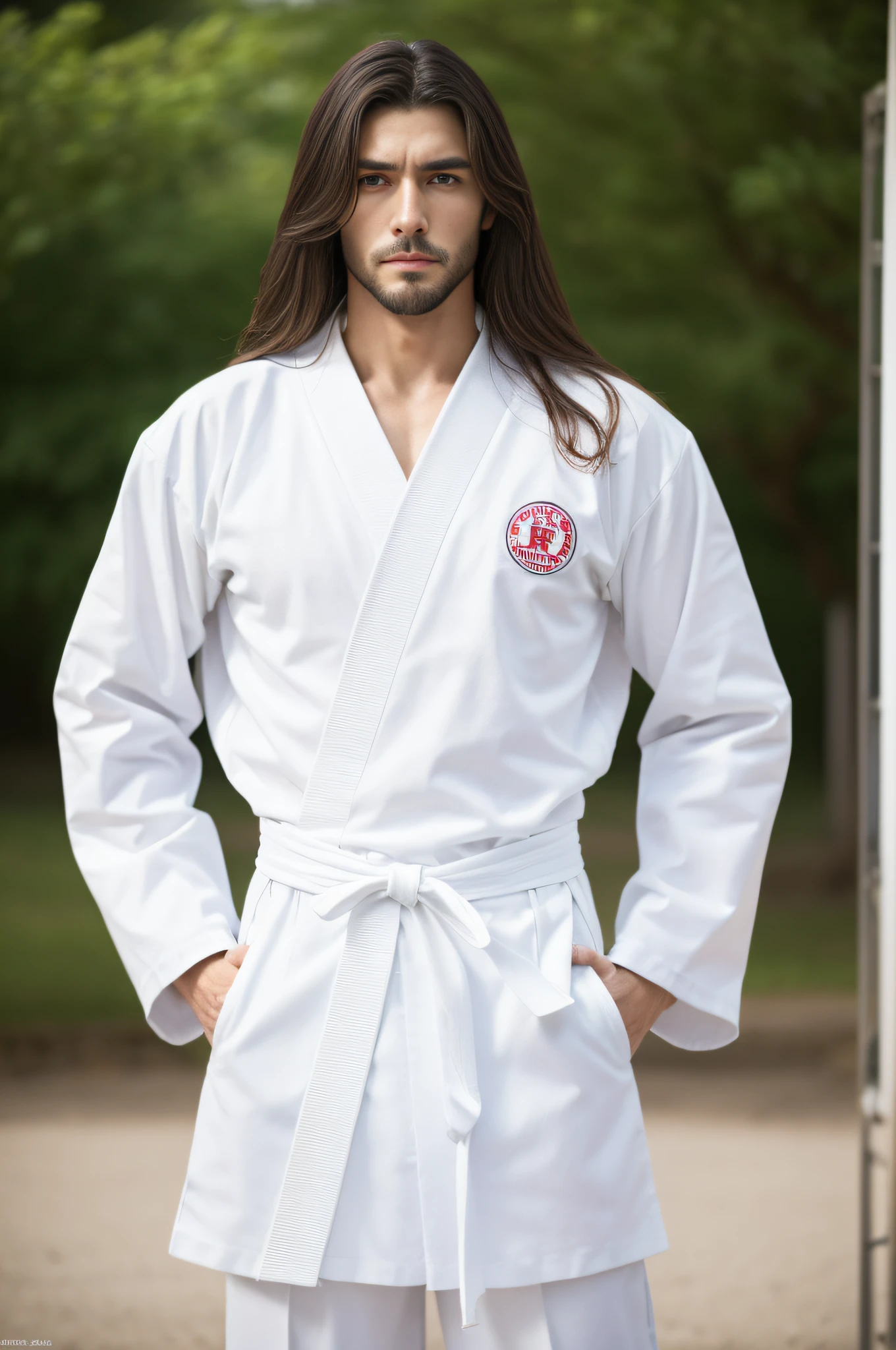 a picture, Photorealsitic, 8K Full Body Portrait of Handsome Man, 20yr old, big muscle, toned waist, long limbs, The collar of the chest is exposed., Ready for Battle, badness, irate, A warrior, Disheveled Long Hair, Tall, Detailed muscular physique, (masterpiece, top-quality, 8K), bare-legged, White karate uniform, White karate obi, White karate pants, Accurate depiction of details, Perfect skeleton, Look straight at your audience, sharp gaze