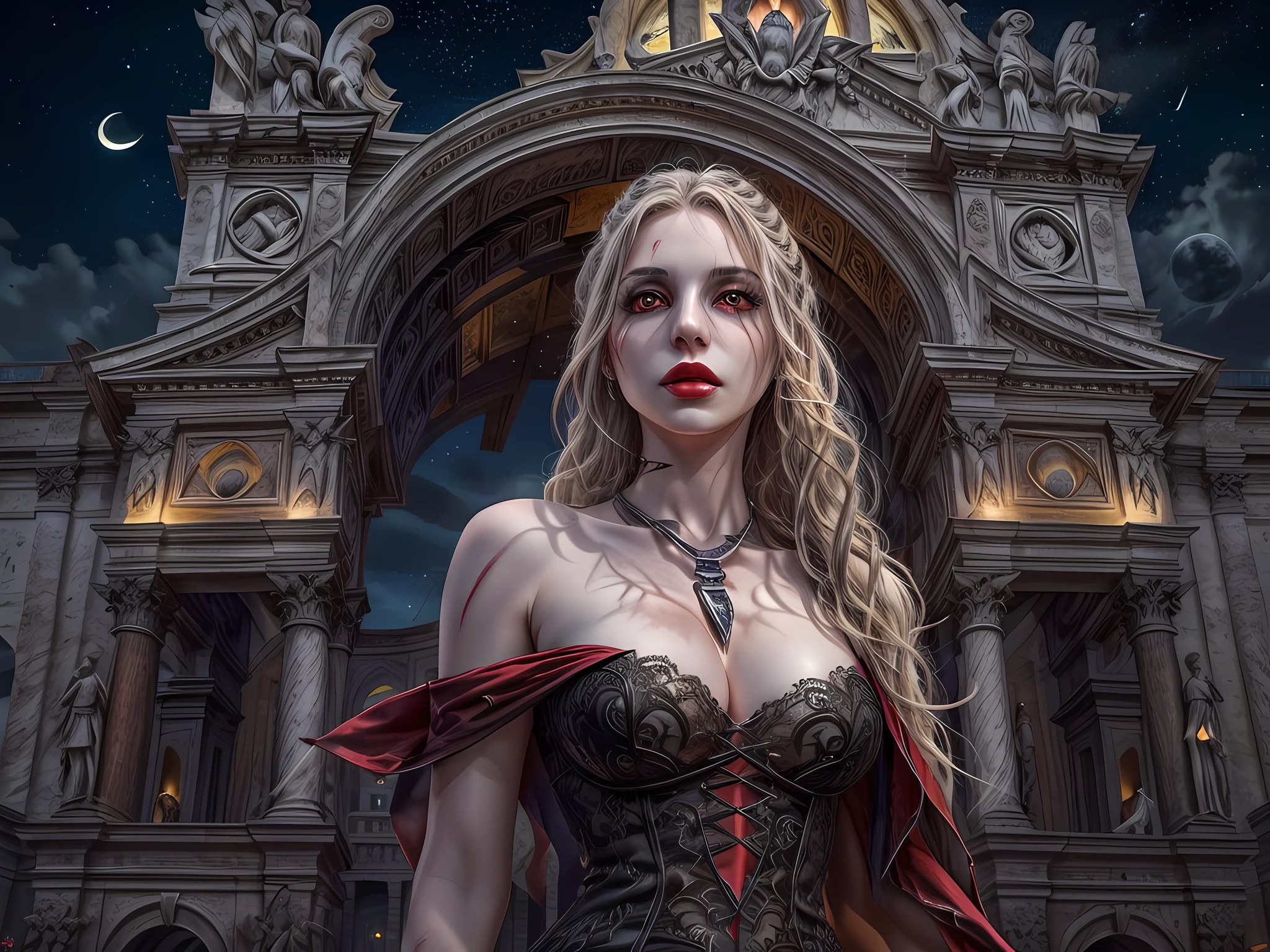 fantasy art, RPG art, photograph, RAW, (Ultra detailed: 1.5), Best Detailed, picture of a female vampire standing in St. Peter in the Vatican, an exquisute beautiful female vampire, full body, (best detailed face: 1.2), (grey skin: 1.2), red lips, (vampiric fangs1:1) (blood veins visible: 1.3), ultra feminie, blond hair, long hair, rich, flowing hair,wavy hair, red glowing eyes, wearing short dress, silk dress, intricate detaled dress, high heels, standing in St. Peter square in Vatican city, at night, full moon, stars in the sky, St. Peter square background, best quality, (extremely detailed), ultra wide shot, photorealism, depth of field, hyper realistic, 2.5 rendering,