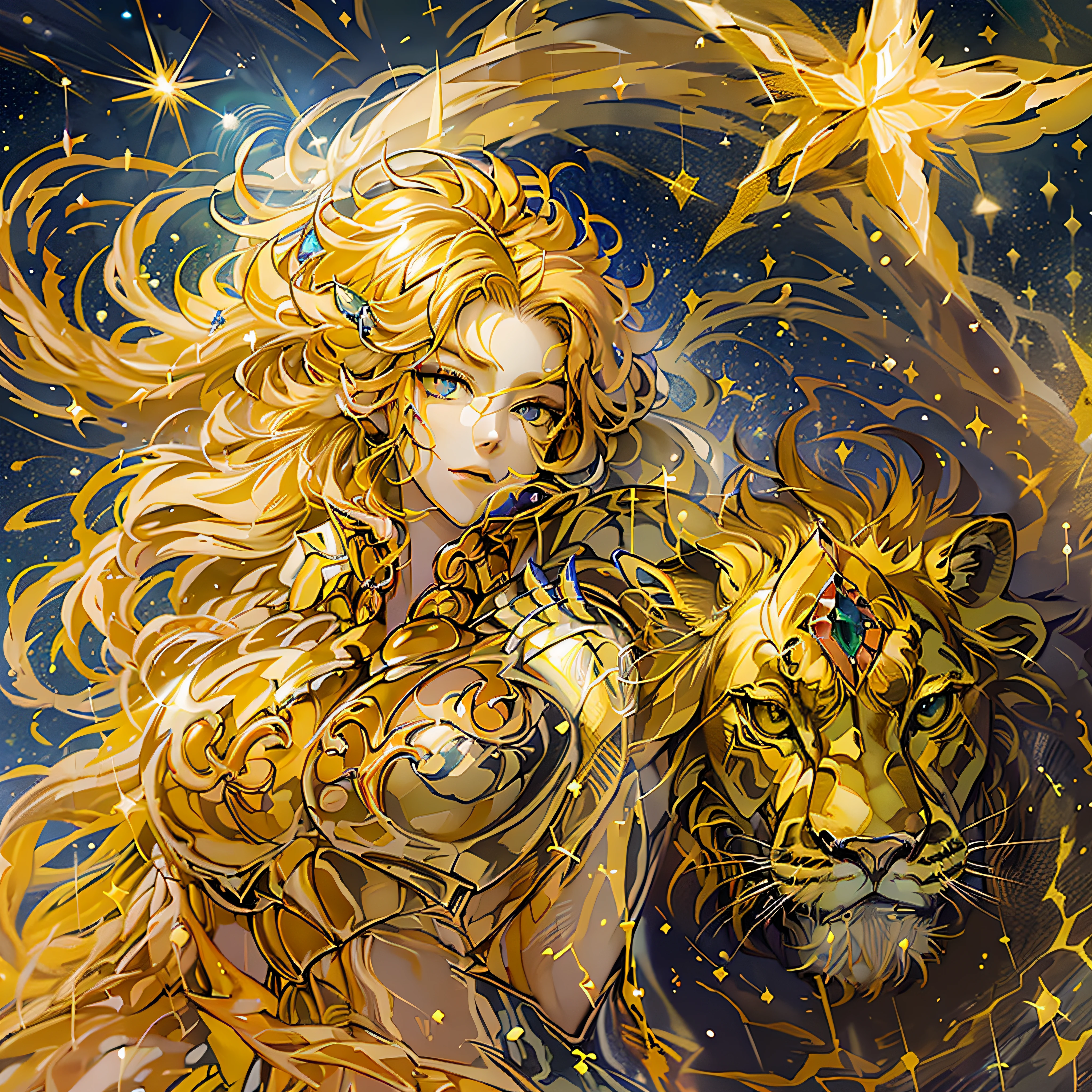 (Masterpiece),(Excellent),(Super refined),Tall goddess,Riding a lion,Magical golden lion constellation chart,Take the scepter,(perfect body type),(full bodyesbian),Yellow hair,angelicales,Wings,独奏,Alone,(zentangle,mandalas,Tangles,entangled),holy rays,glitter drawing,gold foil,Gold leaf art,Sexy,Bursting,Oriental face,Very Clean Face,Black eyes,confident smile,a color,(realisticlying:1.4),3D character design,With very detailed facial features and cartoon-style visuals