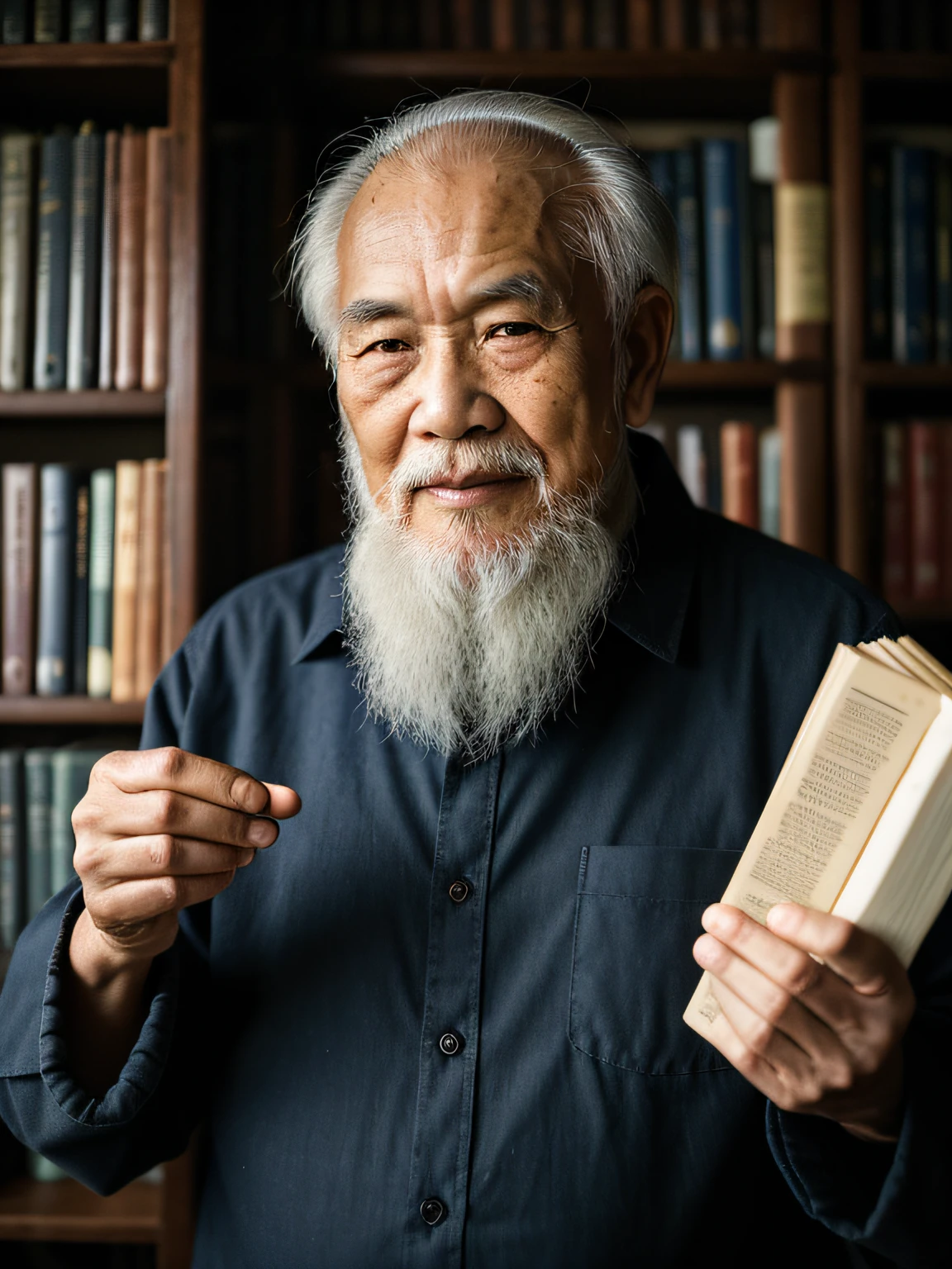 Hyper-Resolution, Ultra photo realsisim, cinema shot, An 80-year-old Asian father,Look at the viewer,Elderly father,Books in hand,Spiritual elderly,Single image, Short white hair,White Viking beard, Wide shoulders, High focal length, Bust photo,Faraway view,Digital SLR, Dark Studio, rim lit, twotonelighting, Dimly lit, low tune, Backlight,