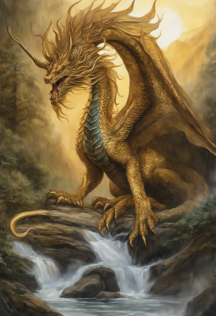 The Golden Dragon Protects the Earth realisitic ink and watercolor painting Eyes are gentle long tail Six fingers with large horns Encompassing All Great