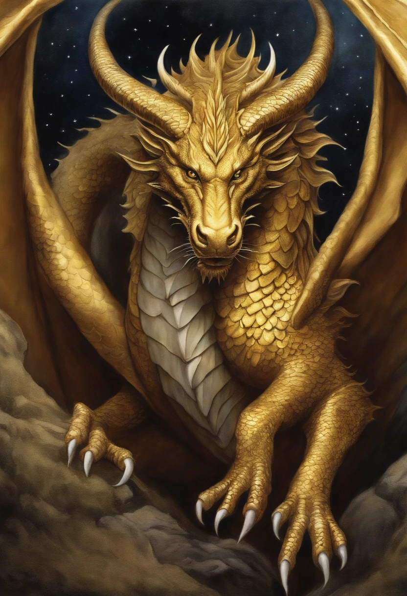 The Golden Dragon Protects the Earth realisitic ink and watercolor painting Eyes are gentle long tail Six fingers with large horns Encompassing All Great
