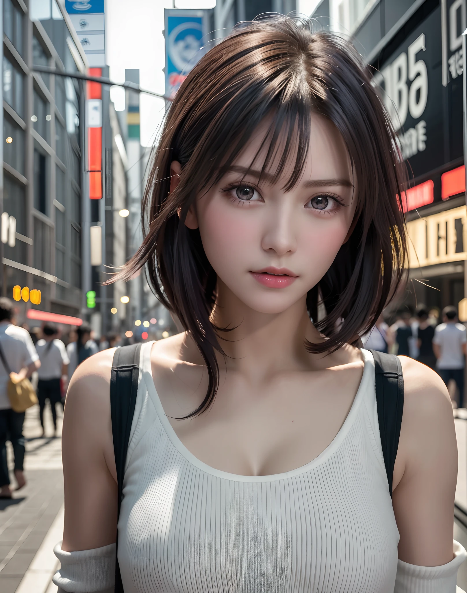 (​masterpiece: 1.3), (8K, Photorealista, Photo RAW, top-quality: 1.4),About Whole Body Esbian, Walking the streets of Tokyo,  (1girl in), gorgeous faces, (Lifelike face), (A dark-haired, short-haired: 1.3), Gorgeous hairstyle, realisticeyes, beautiful finely detailed eyes, (Peter Lilith...