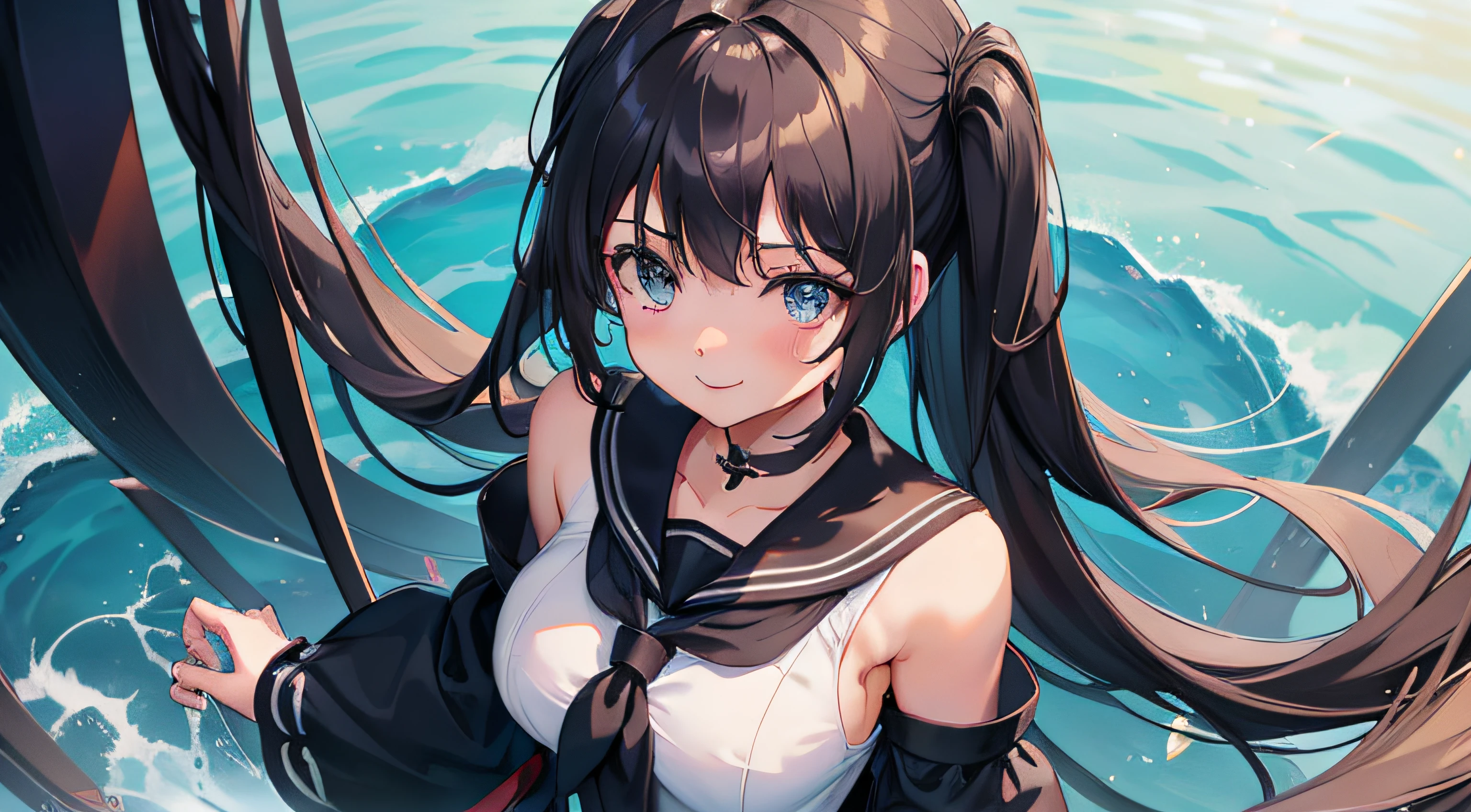 Black costume、a sailor suit、student clothes、thighs thighs thighs thighs、1 girl in、Twin-tailed、deph of field,Beautifully Aesthetic:1.2)、(1girl in:1.3)、(Fractal Art:1.3)、Eye Highlights、patterns、细致背景、Camera angle from diagonally above、Talk happily、a smile、shopping