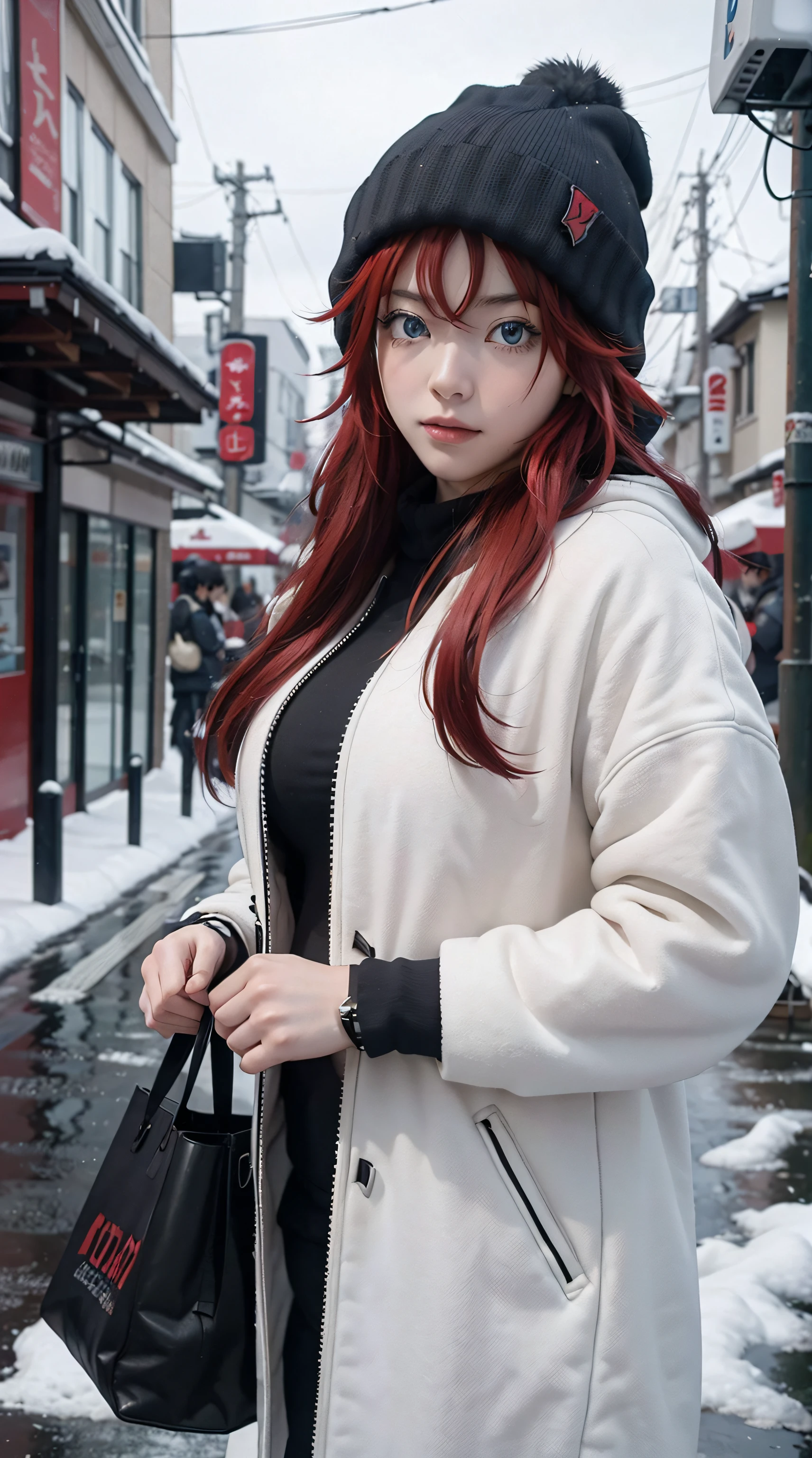 rias Gremory, red hair, long hair, blue eyes, perfect body, perfect breasts, wearing a beanie, wearing a winter jacket, wearing a duffle coat, carrying a bag, wearing a watch, wearing earrings, in public, being in Tokyo city , being on the street, snow on the street, it's snowing, looking at the viewer, a slight smile, realism, masterpiece, textured skin, super detailed, high detail, high quality, best quality, 1080p, 16k