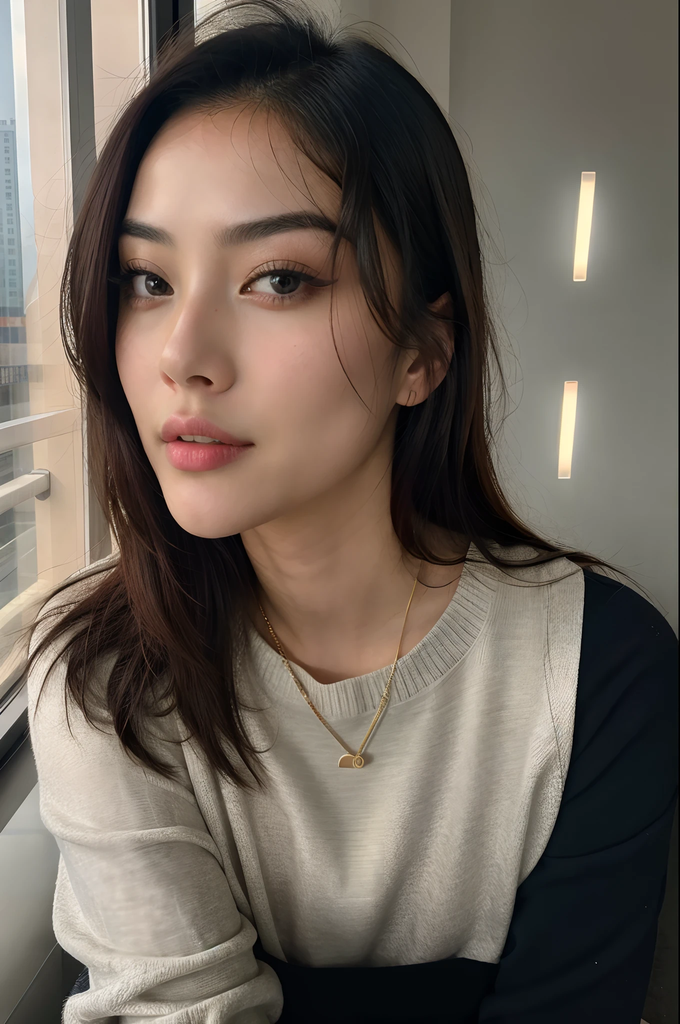 "Photorealistic, beautiful Chinese woman, Fanbingbing, Liu Wen, Fei Fei Sun, best quality, hyper-detailed, selfie photo, upper body, solo, wearing pullover, indoors, (night), city view, (cheerful, happy), analog style, looking at viewer, skin texture, film grain, close up, ultra high res, best shadow, RAW, Instagram LUT, realistic."