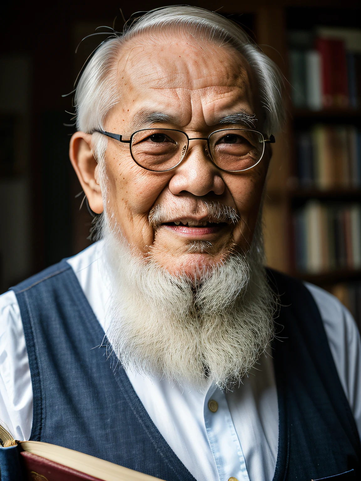 Hyper-Resolution, Ultra photo realsisim, cinema shot, An 80-year-old Asian father,Look at the viewer,Elderly father,Books in hand,Spiritual old man,Single image, Short white hair,White Viking beard, Wide shoulders, High focal length, Bust photo,Faraway view,Digital SLR, Dark Studio, rim lit, twotonelighting, Dimly lit, low tune, Backlight,