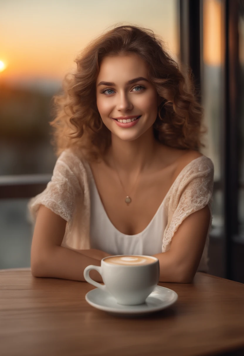 Jolie belle femme couleur chatin (Drinking coffee in a modern café at sunset), highly detailed, 14 ans, visage innocent, curly hair, yeux bleus, high resolucion, шедевр, Meilleur Qulaity, intricate high detail, highly detailed, mise au point nette, detailed skin, realistic skin texture, Texture, detailled eyes, Professionnel, 4K, sourire charmant, prise avec Canon, 85 mm, Light depth of field, Kodak Vision Couleur, perfect fit body, extremly detailed, photographier_\(ultra\), photographierRealstic, Realstic, Post-traitement, maximum details, roughness, real life, ultrarealistic, photorealism, Photographie, 8K UHD, Photographie