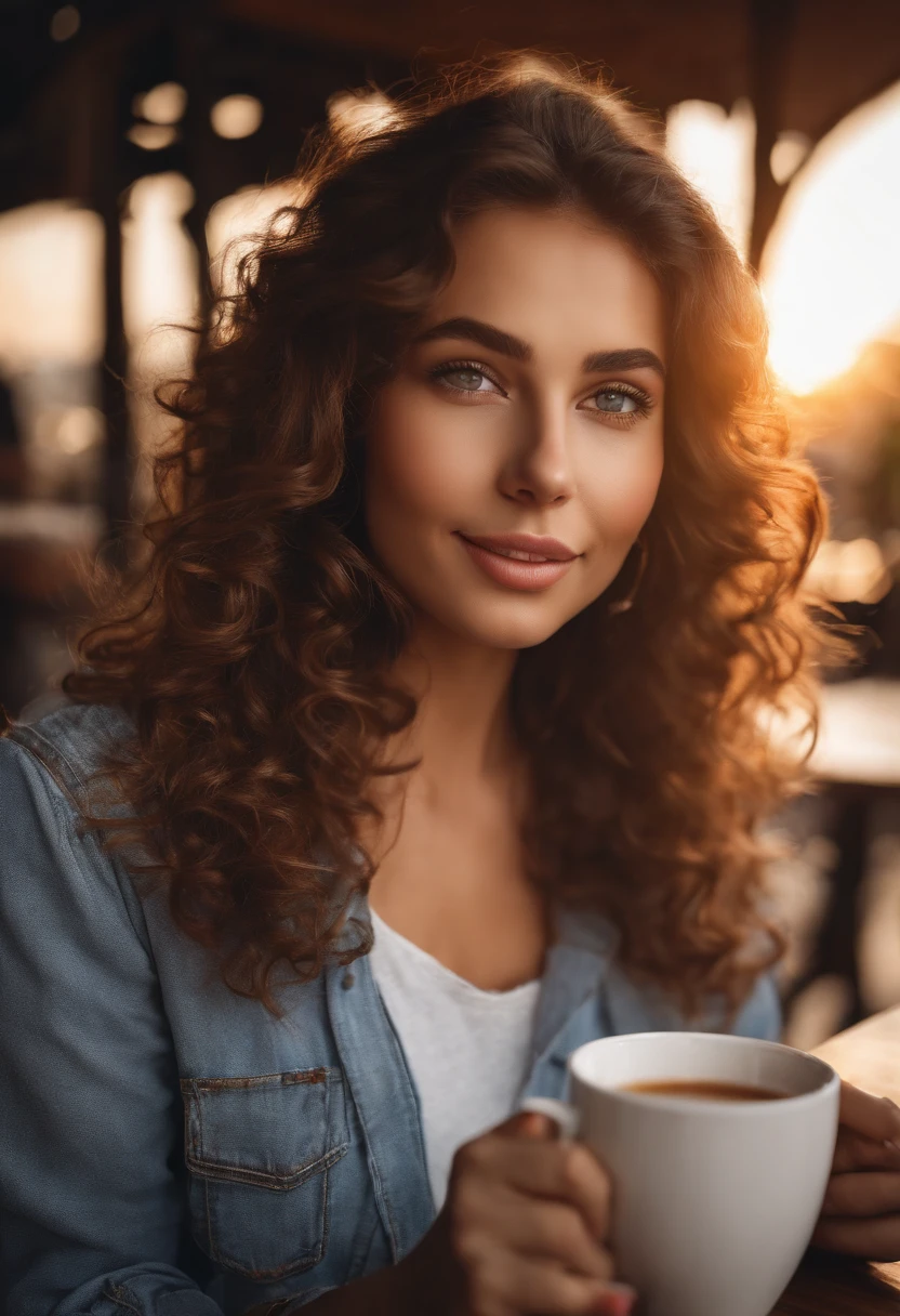 Jolie belle femme couleur chatin (Drinking coffee in a modern café at sunset), highly detailed, 14 ans, visage innocent, curly hair, yeux bleus, high resolucion, шедевр, Meilleur Qulaity, intricate high detail, highly detailed, mise au point nette, detailed skin, realistic skin texture, Texture, detailled eyes, Professionnel, 4K, sourire charmant, prise avec Canon, 85 mm, Light depth of field, Kodak Vision Couleur, perfect fit body, extremly detailed, photographier_\(ultra\), photographierRealstic, Realstic, Post-traitement, maximum details, roughness, real life, ultrarealistic, photorealism, Photographie, 8K UHD, Photographie