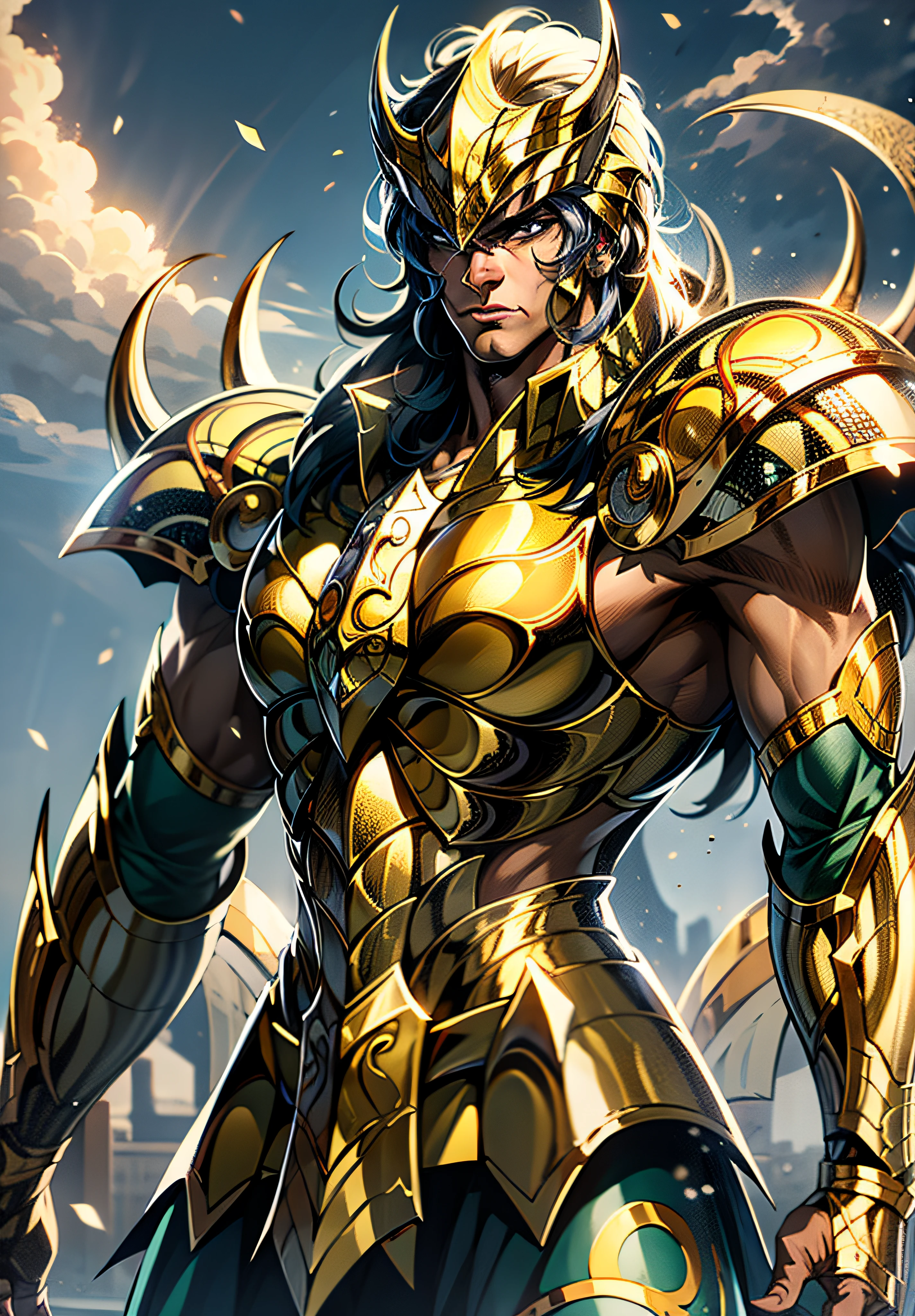 Knight character with golden armor de escorpião , knight of theKnight character with golden armor, knight of the zodiac Scorpion , in the background in imposing scorpion king auroboeal in the sky, 8k high definition, intricate details, breathtaking quality