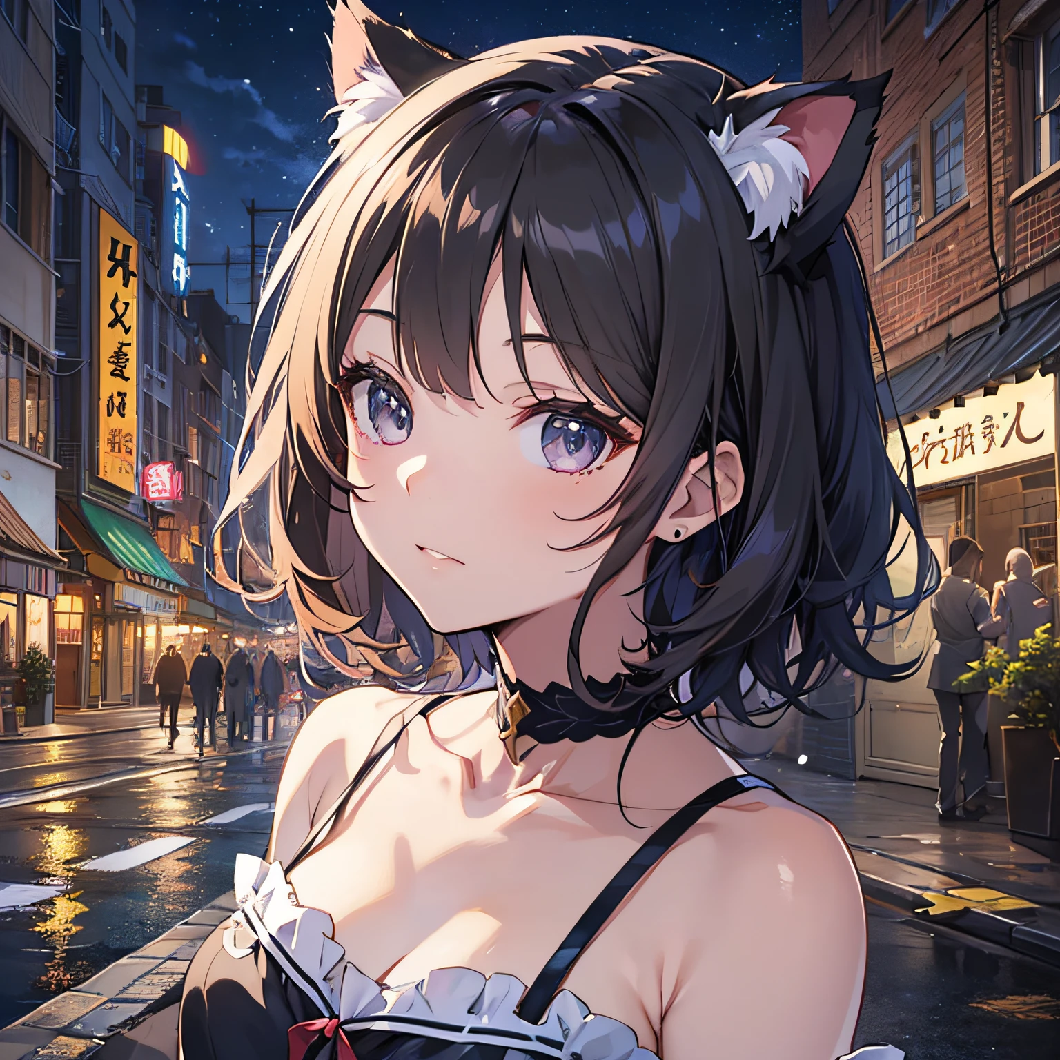 (The highest quality、8K、masutepiece)) ((( White atelier sleeveless))) (((Black short hair )))++　cat ear, Anime characters with black hair and dark eyes、anime visual of a young woman、Serious facial expressions, today's featured anime still、Official Art、Animated videos of cute girls、Popular Isekai anime、tsuaii、Marisa Drizzle、animated film、During the night　Moonlit night, Outdoor background, Lateral face