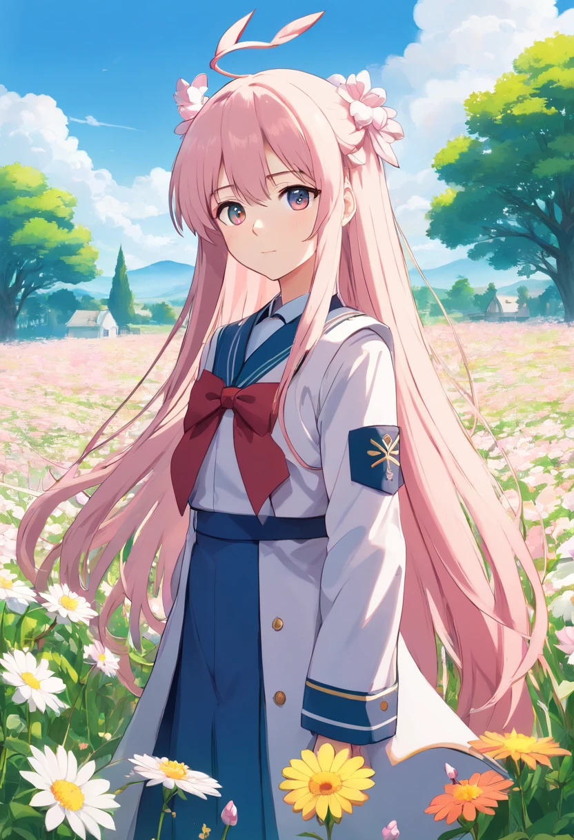 (Anime Girl), (Long Hair), (And Uniform Standing in a Field of Flowers), (Zero Two), (Haruno Sakura), (Female Anime Character), (Anime Character, (Long Hair Deity) white), (From Girls Frontline), (Cute Girl Visual Anime), (Gapmoe Yandere), (Gapmoe Yandere Grimdark), (Girls Frontline Style), (Kantai Collection Style), (Masterpiece), (Digital art), (Vladilena Milize), (Anime 86 -Eighty Six-), (Well detailed), (8K),