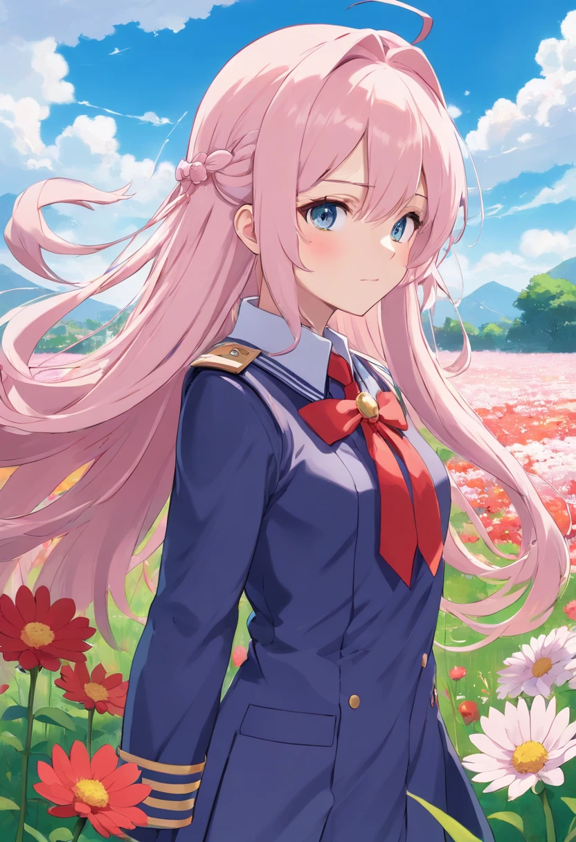 (Anime Girl), (Long Hair), (And Uniform Standing in a Field of Flowers), (Zero Two), (Haruno Sakura), (Female Anime Character), (Anime Character, (Long Hair Deity) white), (From Girls Frontline), (Cute Girl Visual Anime), (Gapmoe Yandere), (Gapmoe Yandere Grimdark), (Girls Frontline Style), (Kantai Collection Style), (Masterpiece), (Digital art), (Vladilena Milize), (Anime 86 -Eighty Six-), (Well detailed), (8K),
