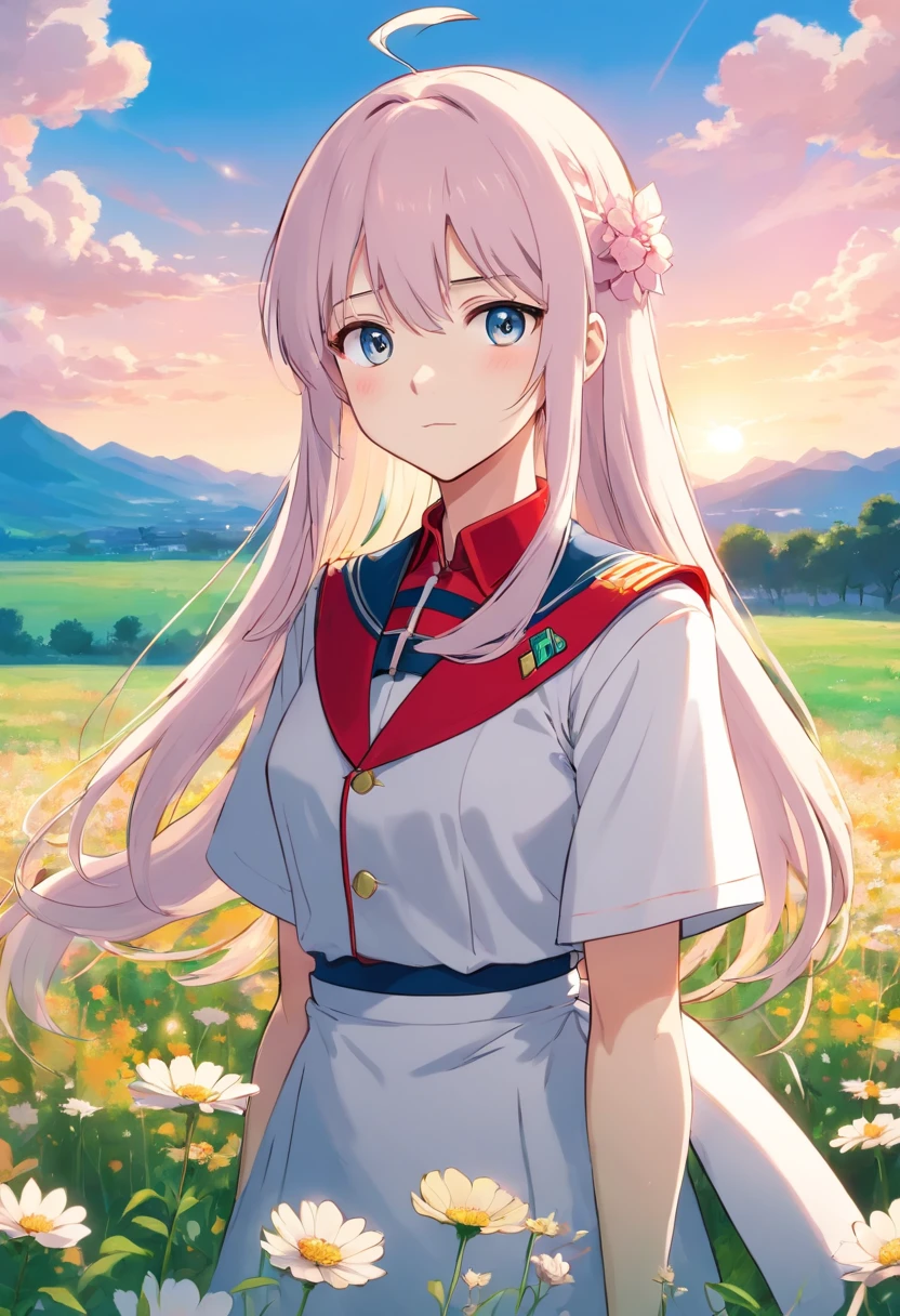 (Anime Girl), (Long Hair), (And Uniform Standing in a Field of Flowers), (Zero Two), (Haruno Sakura), (Female Anime Character), (Anime Character, (Long Hair Deity) white), (From Girls Frontline), (Cute Girl Visual Anime), (Gapmoe Yandere), (Gapmoe Yandere Grimdark), (Girls Frontline Style), (Kantai Collection Style), (Masterpiece), (Digital art), (Vladilena Milize), (Anime 86 -Eighty Six-), (Well detailed), (8K),