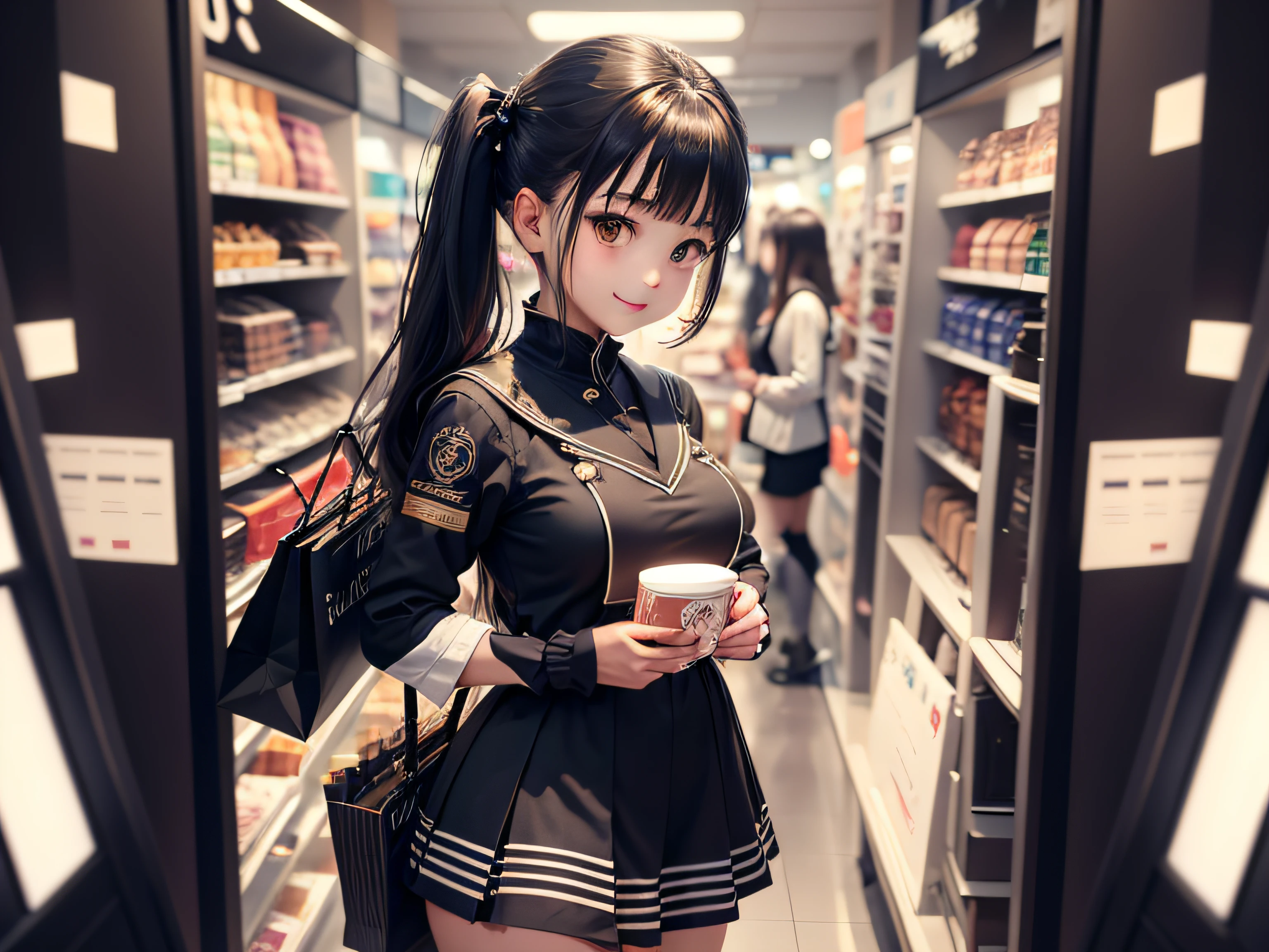 Black costume、a sailor suit、student clothes、thighs thighs thighs thighs、1 girl in、Twin-tailed、deph of field,Beautifully Aesthetic:1.2)、(1girl in:1.3)、(Fractal Art:1.3)、Eye Highlights、patterns、细致背景、Camera angle from diagonally above、Talk happily、A smile、shopping、shopping mall