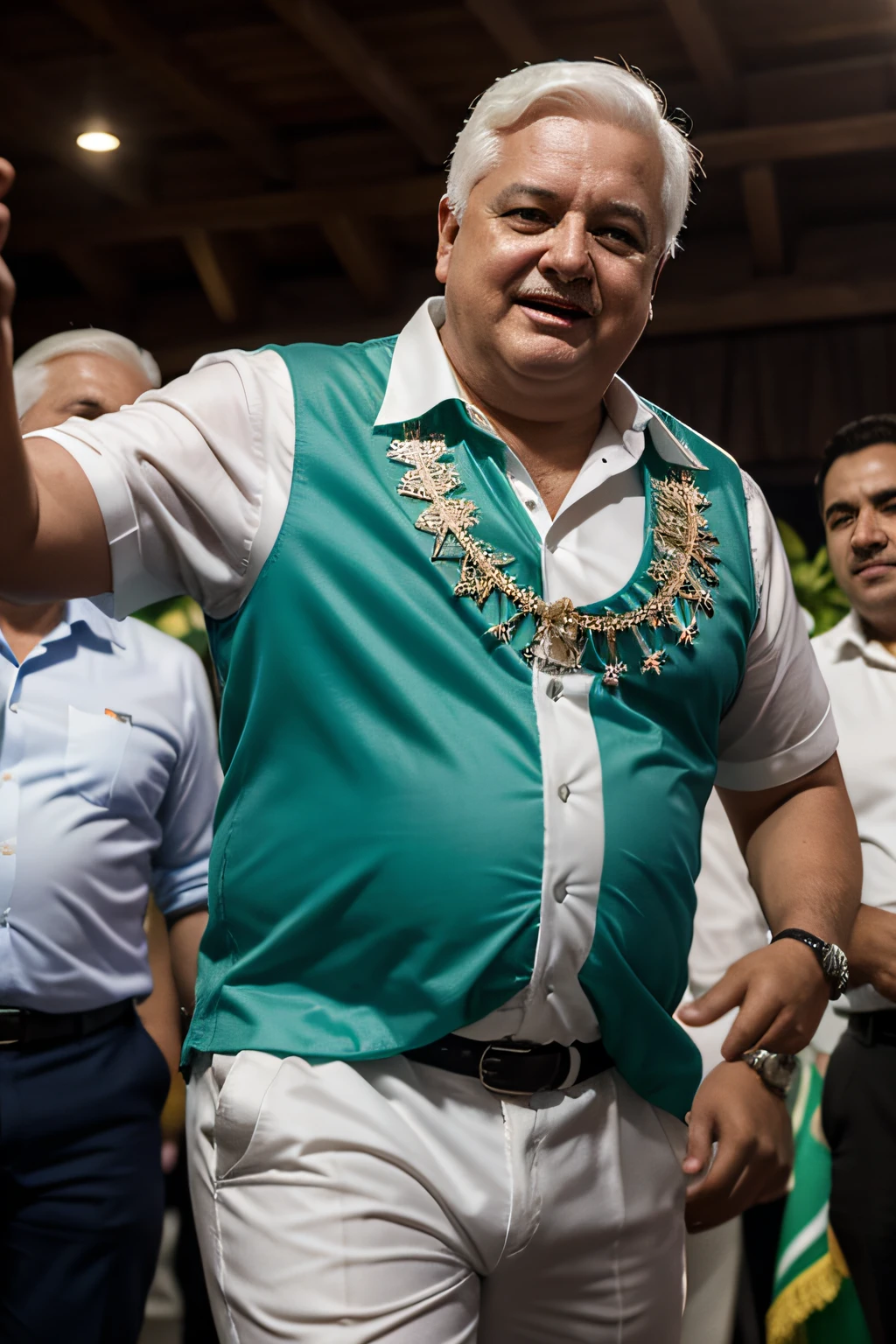presidente ricardo martinelli de Panama bailando, alegre en una fiesta tropical, con ropa tropical, calidad ultra alta, extremadamente detallado, Renderizado de octanaje, obra maestra,