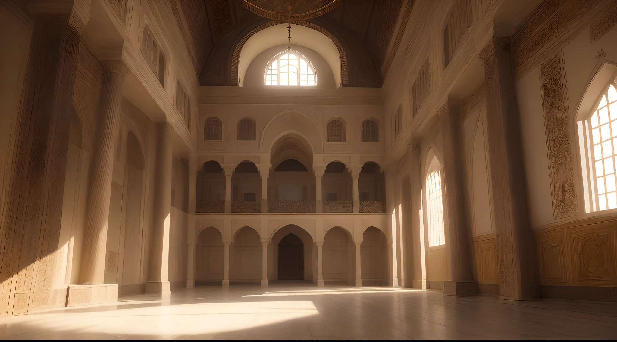 interior view of a mansion in 16th century Arabia, either Basra or Ormuz, very luxurious, building structure like a harem or mosque, building structure with elements of a turkish harem or mosque, orientalism, inside a mansion, interior, rich, grand, stairs, Muslim style, Islamic, elegant, House of Vizier, House of Emir, 16th century, medieval, no people, no word, no wordings, no signature