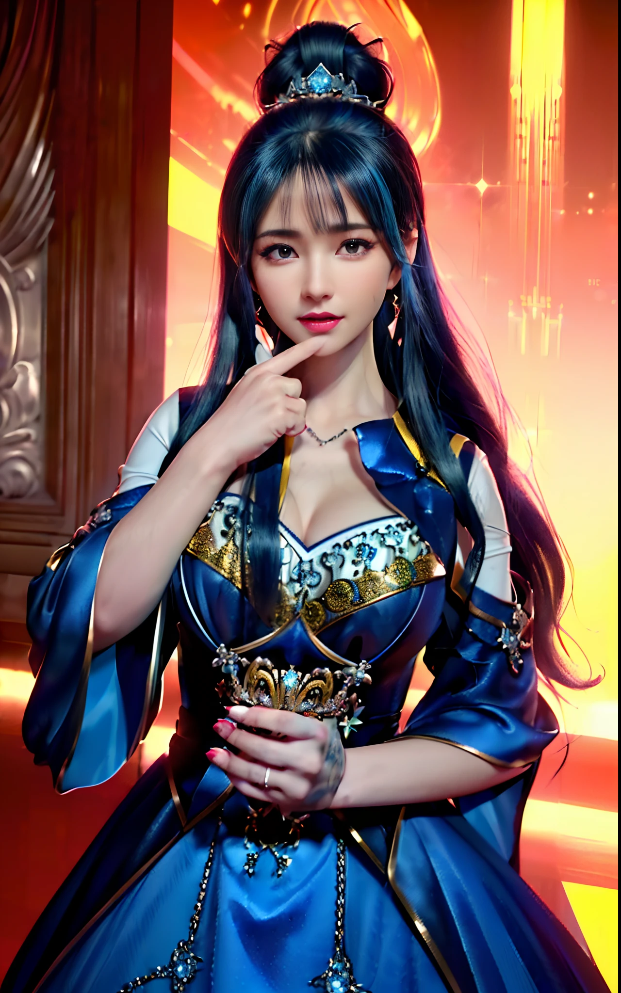((realisticity: 1.2)), ((realistic: 8K UHD)), ((best resolution: 8K UHD)), hyper detailed, best quality,masterpiece,highres,cg, ((1 girl hyper detailed and hyper realistic) ) , ((beautiful queen, hyper realistic and hyper detailed)),((white skin, beautiful, smooth, youthful, hyper realistic and hyper detailed )), ((Face hyper beautiful, white, hyper realistic and hyper detailed ) ), long hair, ((hyper realistic and hyper detailed dress)), solo, ((hyper realistic, hyper beautiful, beautiful and hyper detailed jewelry)), ((hyper beautiful deep red and golden yellow dress, hyper realistic and hyper detailed )) , ((Her pretty, hyper realistic, hyper detailed diamond filled earrings)), ((Her gorgeous diamond haircut, hyper realistic and hyper detailed)), ((hyper pretty upper body, hyper beautiful, hyper realistic and hyper detailed) ), ((medium breast: 1.1)), ((hyper realistic, hyper pretty, hyper detailed boobs)), ((the backgroun of the royal palace is hyper majestic, hyper realistic and hyper detailed)),((hands and palms hyper beautiful, hyper detailed, hyper realistic)), ((hyper detailed and hyper realistic fingers and fingernails)), ((hyper pretty fingernails, hyper vivid, hyper detailed, hyper realistic)), ((thumb, index finger, middle finger, ring finger, little finger hyper vivid, hyper pretty, hyper detailed, hyper realistic)),
((hyper beautiful fingers, hyper detailed, and hyper realistic)), ((posture not too fat and not too thin, hyper realistic, hyper detail)), ((hyper pretty, hyper pretty, hyper realistic and hyper detailed hair bun)), ((hyper pretty , hyper realistic and hyper detailed blue hair)), candid, Photo, high resolution, 8k , bokeh,