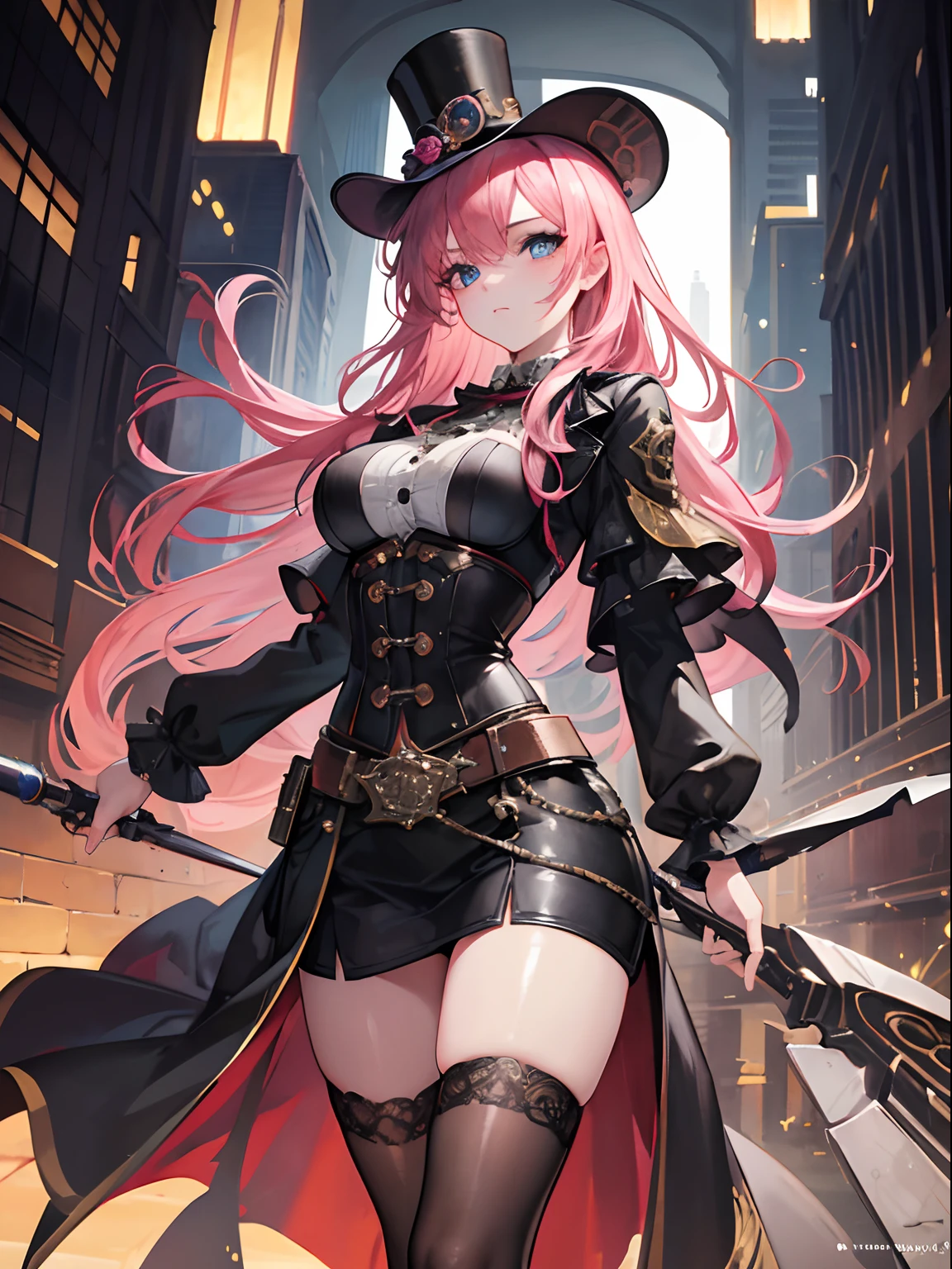 ((Masterpiece, Highest quality)), Detailed face, Beautiful face, Beautiful eyes, full bodyesbian, Full of details, working on workshop, mamking a weapon, Highly detailed, Depth, Many parts,Beautiful girl with pink hair,with hair dishevelled,long pink hair,Sick,White pupils,The legs are very thin,The legs are long, blue eyelashes, steampunk, steampunk fashion, corset, waitscoat, high-collared blouse, top hat with mechanical gears, brass accents, leather accesories ,Tall and tall,Thin, 8k, ultrarealistik, oficial art, Glamour, glimmer, shadowy, oil on canevas, brushstrokes, Smooth, Ultra high definition, 8K, unreal enginee 5, Ultra Sharp Focus,, ArtGerm, Roisch, nffsw, intricate artwork masterpieces, sinister, matte painting movie poster, Golden ratio, Trending on CGSociety, Convoluted, epicd, Trending on ArtStation, Highly detailed, Vibrant, production cinematic character render, Ultra high quality model