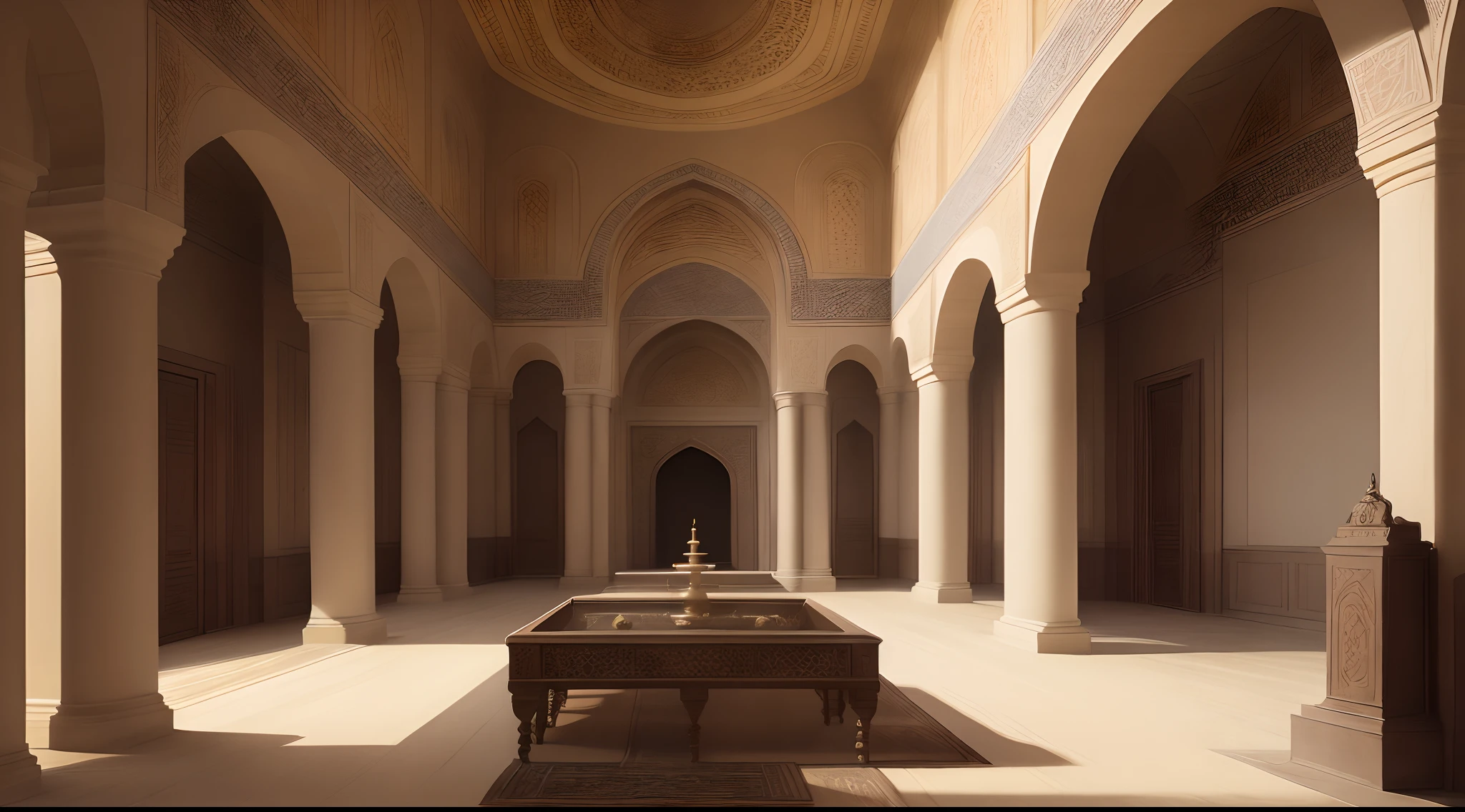 interior view of a mansion in 16th century Arabia, either Basra or Ormuz, very luxurious, building structure like a harem or mosque, building structure with elements of a turkish harem or mosque, orientalism, inside a mansion, interior, rich, grand, stairs, Muslim style, Islamic, elegant, House of Vizier, House of Emir, 16th century, medieval, no people, no word, no wordings, no signature