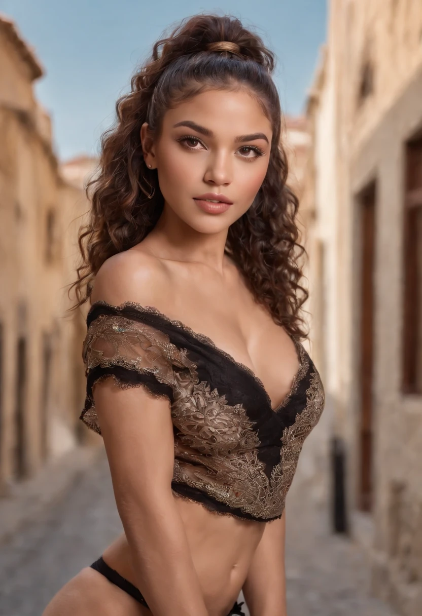 ((latina)), ((Its beauty is undeniable)), ((Excited cute face)), ((Hyper detailed perfect eyes,)), ((pose mignonne)), ((Langue sortie)), ((Seductive )), sexy, (( Tight mesh shirt, shorts courts sexy)), ((Afro ponytail with long African curly hair,)), (( peau)), (( gros seins )), ((debout, vue de face)), ((toucher ses propres jambes dans une pose sexy)), ((dehors, Ville publique)), Sharp Focus CGI, photoreallistic, High detail, Realstic, Masterpiece, absurdes, Best quality, Hdr, High quality, high-definition, Extremely detailed, 8k wallpaper, Intricate details, 8K UHD, Full-HD, (photo realist:1.2), contraste, intense illumination, lighting cinematic, natural lighting, hard light, contre-jour, Illumination globale, occlusion ambiante