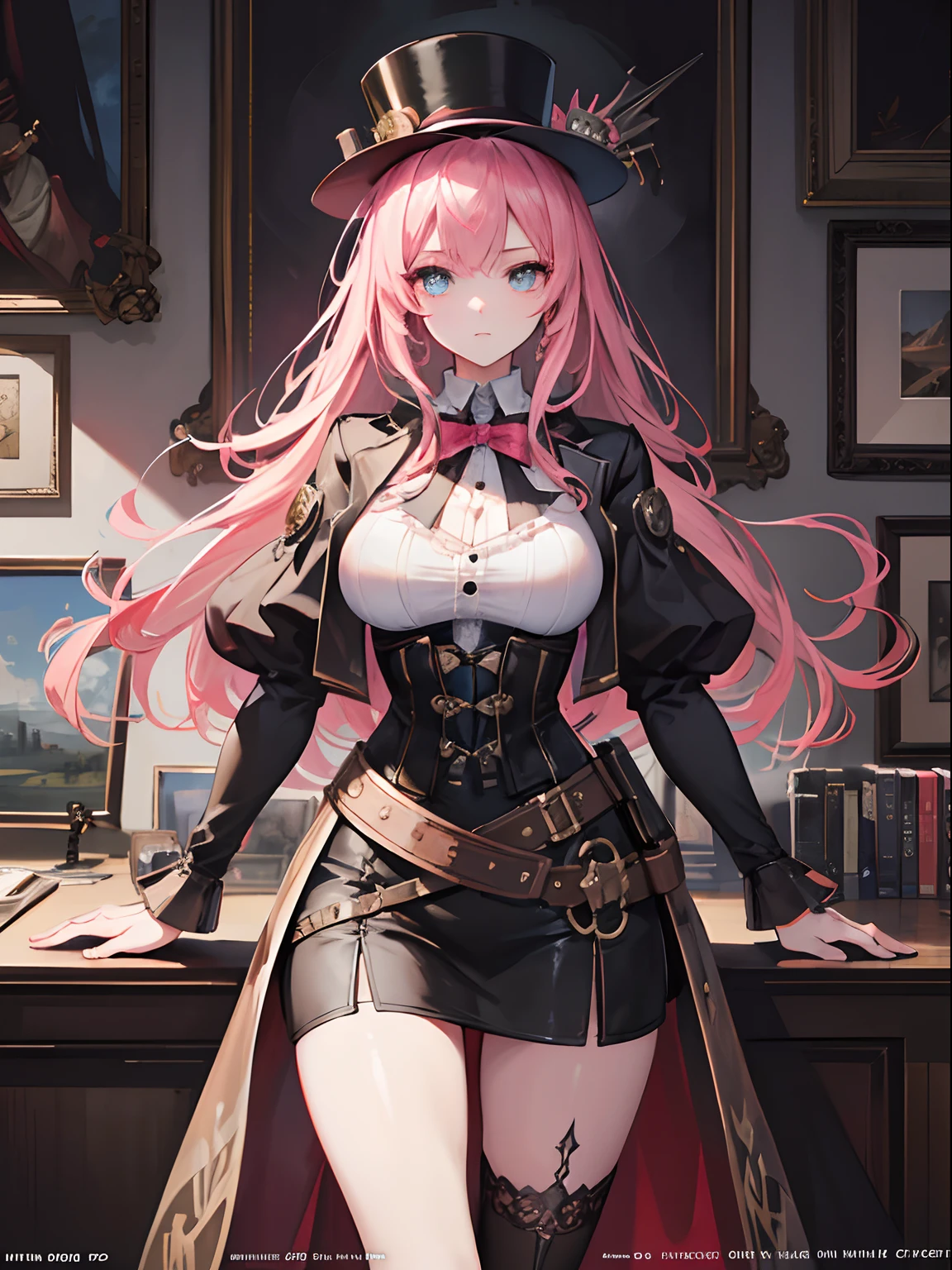 ((Masterpiece, Highest quality)), Detailed face, Beautiful face, Beautiful eyes, full bodyesbian, Full of details, working on workshop, mamking a weapon, Highly detailed, Depth, Many parts,Beautiful girl with pink hair,with hair dishevelled,long pink hair,Sick,White pupils,The legs are very thin,The legs are long, blue eyelashes, steampunk, steampunk fashion, corset, waitscoat, high-collared blouse, top hat with mechanical gears, brass accents, leather accesories ,Tall and tall,Thin, 8k, ultrarealistik, oficial art, Glamour, glimmer, shadowy, oil on canevas, brushstrokes, Smooth, Ultra high definition, 8K, unreal enginee 5, Ultra Sharp Focus,, ArtGerm, Roisch, nffsw, intricate artwork masterpieces, sinister, matte painting movie poster, Golden ratio, Trending on CGSociety, Convoluted, epicd, Trending on ArtStation, Highly detailed, Vibrant, production cinematic character render, Ultra high quality model