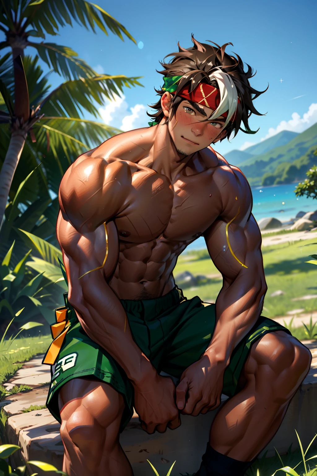 (masterpiece), best quality, izuku midoriya, a boy, wearing small green underwear, wearing red high-top sneakers shoes, naked body, from behind, turning his head to look at the viewer, bending over a table under and umbrella on the beach, ocean beach, bending over, looking over his shoulder, looking back, expressive eyes, grinning teeth, big smile, freckles, realistic body, perfect body, muscular, skinny