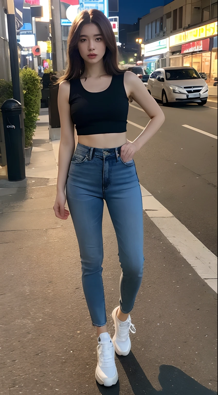 ((Realistic lighting, Best quality, 8K, Masterpiece: 1.3)), Clear focus: 1.2, 1girl, Perfect Figure: 1.4, ((Dark brown hair)), (White crop top: 1.4), (dark blue jeans), (Outdoor, Night: 1.1), City streets, Super fine face, Fine eyes, Double eyelids, full body photo
