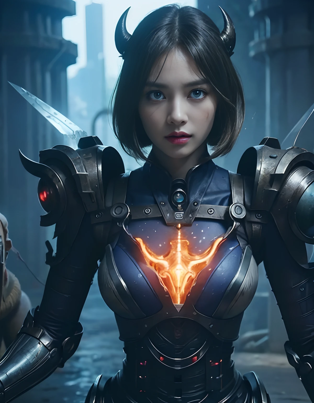 (1 Mechanical Girl)、top-quality、​masterpiece、超A high resolution、(Photorealsitic:1.4)、Raw photo、女の子1人、Fight mutants、glowy skin、(((1 Mechanical Girl)))、With a beautiful knife、（Green Metal Bodysuit）、(Kobold、ogre、Fierce battle with orcs),（Fight fiercely against aliens）、Fight fiercely、(beautiful forest background)、(Fighting Demonic Beasts)、(Small LED)、((super realistic details))、portlate、(Strong giant demon beast background),globalillumination、Shadow、octan render、8K、ultrasharp、Colossal tits、Raw skin is exposed in cleavage、metals、Details of complex ornaments、Japan details、highly intricate detail、Realistic light、(Mystical expression),CGSoation Trends、Blue eyes、radiant eyes、Facing the camera、neon details、(Mechanical limbs)、(blood vessels connected to tubes)、Mechanical vertebrae attached to the back、mechanical cervical attaching to neck、(Wires and cables connecting to the head)、Gundam、Small LED、,Mechanical thighs、Toostock、（Hands are also made of machines）、（Attack of the Monster Beasts）、（Wounded in a deadly battle）、