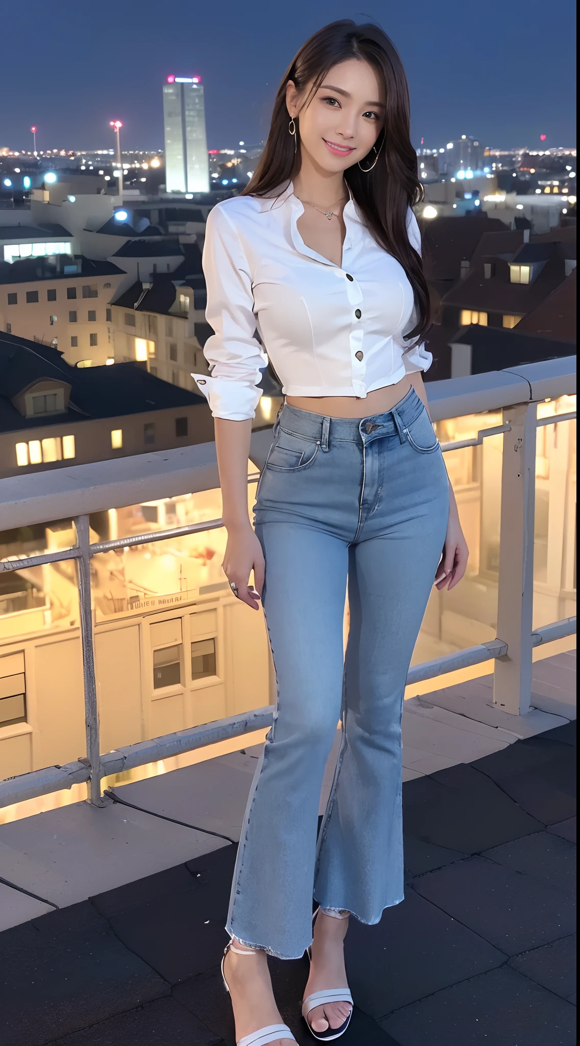 ((midynight, Need, 8K, tmasterpiece:1.3)), full bodyesbian, Long legs, Focalors:1.2, Petite and skinny:1.4, Slim abs:1.1, ((Medium long straight hair，Dark brown hair, mediuml breasts:1.2 )), (White loose button shirt，Low-rise washed blue flared trousers,detailed outfits:1.2）， （standing on your feet:1.2), ((city night scene, the roof:1.3)), Highly detailed facial and skin texture, A detailed eye, 二重まぶた，Beautiful facial features，A smile on his face，shapely legs，Mopping long flared pants，Wear sandals，Reveals tender white toes，fully body photo