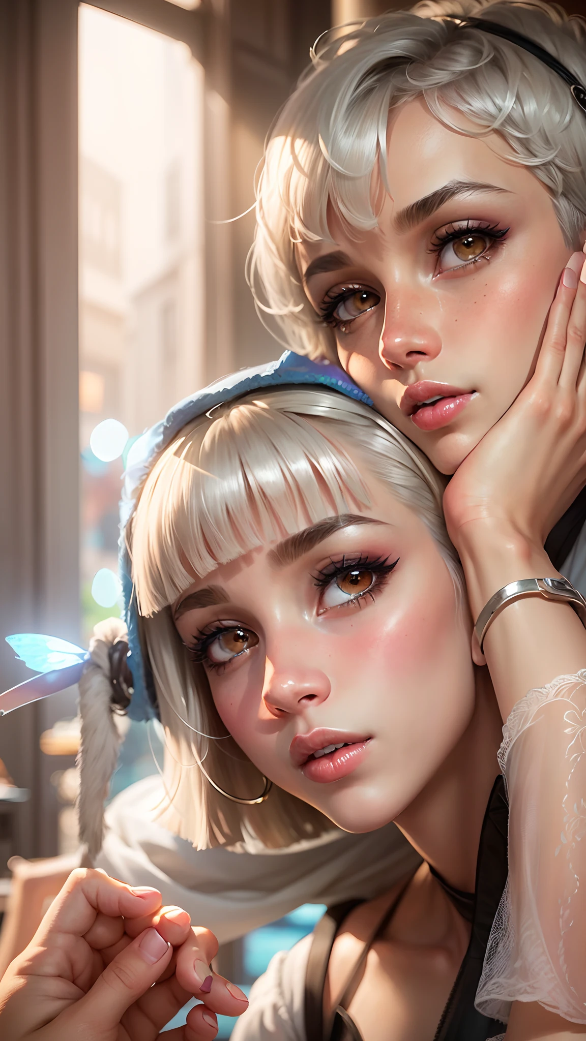 (best quality, masterpiece), 1girl, beautiful girl, brown_eyes, ((hair color [Silver hair], [pixie cut with bangs] hair)), earrings, lips, short sleeves,realistic, narrow waist, charming, colorful makeup, long eyelashes, fair skin, (cute), (detailed face), detailed eyes, detailed iris,