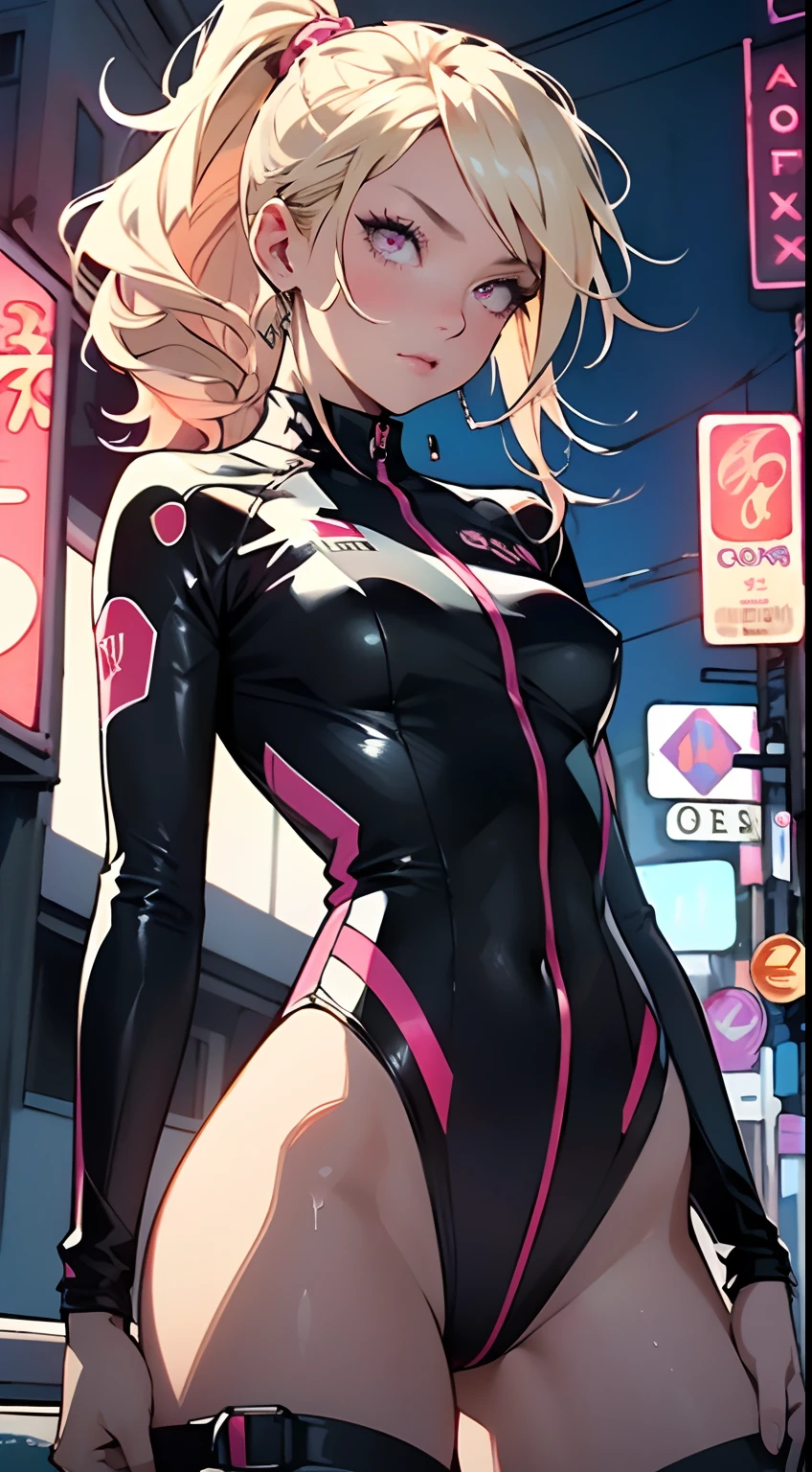 1girl, swimmer, (beautiful face),(blonde hair),
(medium breasts),straight hair, ponytail long hair, colored inner hair, neon pink eyes, intricate eyes,beautiful detailed eyes,symmetrical eyes, wet legs,spider lower abdomen, narrow waist, wide hip, athletic body, slim legs, slim thighs, perfect body, (detailed face),
cute,slutty,seductive,erotic,nsfw,
zettai ryouiki, (one-piece swimsuit), magenta, magenta armor swimsuit, wet clothes, intricate outfit, intricate clothes,
(dynamic pose:1.0),embarrassed,centered,scale to fit dimensions,Rule of thirds,
cyberpunk city by the ocean at night, with bright neon signs and dark stormy clouds and puddles, scenery:1.25,
artistic photography,,high-res, sharp focus, ultra detailed, extremely detailed, photorealistic artwork, extremely detailed CG, synthwave background,vibrant colors,intricate background,masterpiece,best quality, 8k