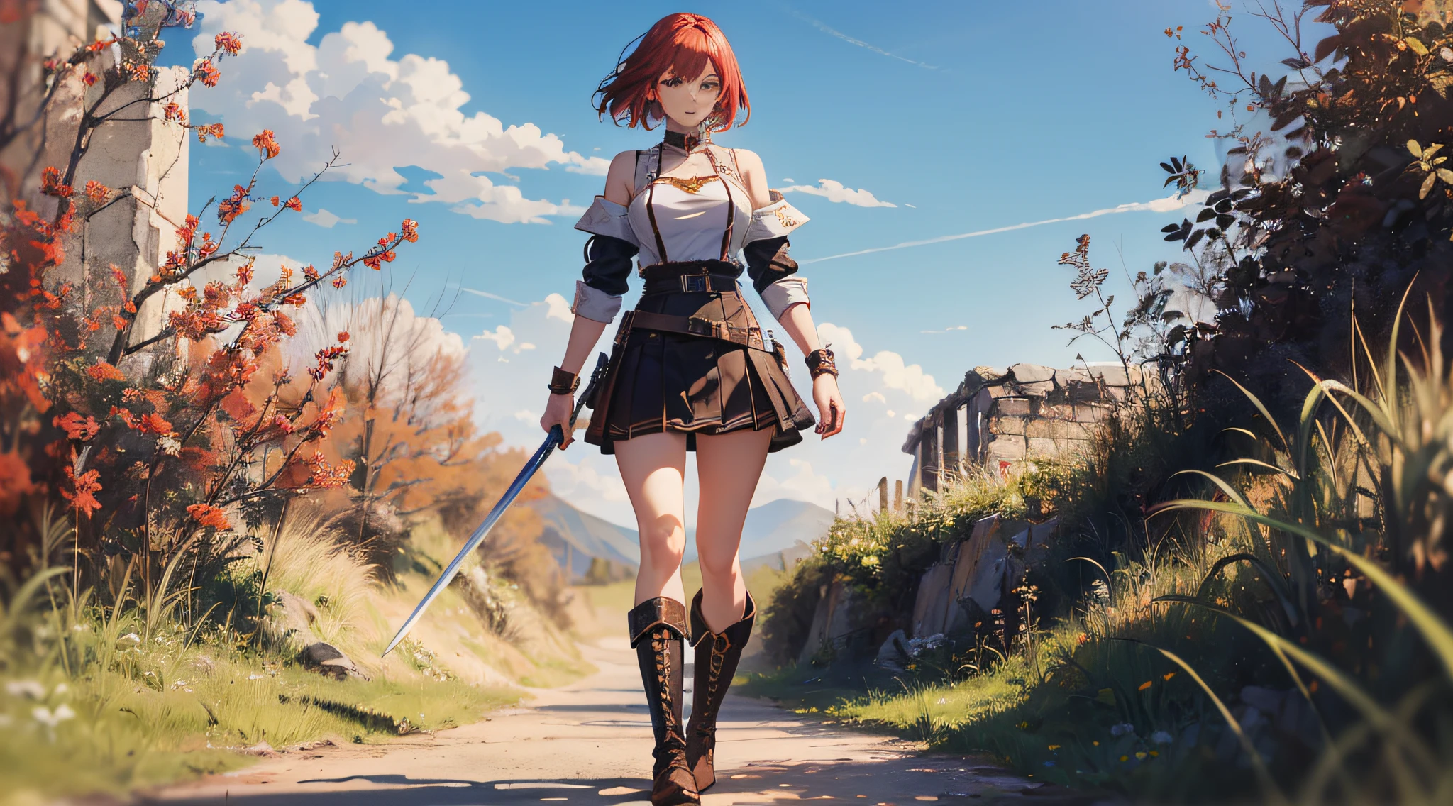 Fantasy-style world。Old ruins can be seen in the distance。Amazones women。((One woman))、Brown skin with red hair、Wild beauty with outstanding style。A female warrior about 165 cm tall and dressed in revealing leather equipment、Short skirt、Skirt with slits、Leather Boots、Sexy Beauties、She is an excellent warrior in swordsmanship.。A beautiful woman with a strong and cheerful impression。Walking through a desolate wilderness、you(the viewer)I noticed and walked towards this。 Full Body Art。