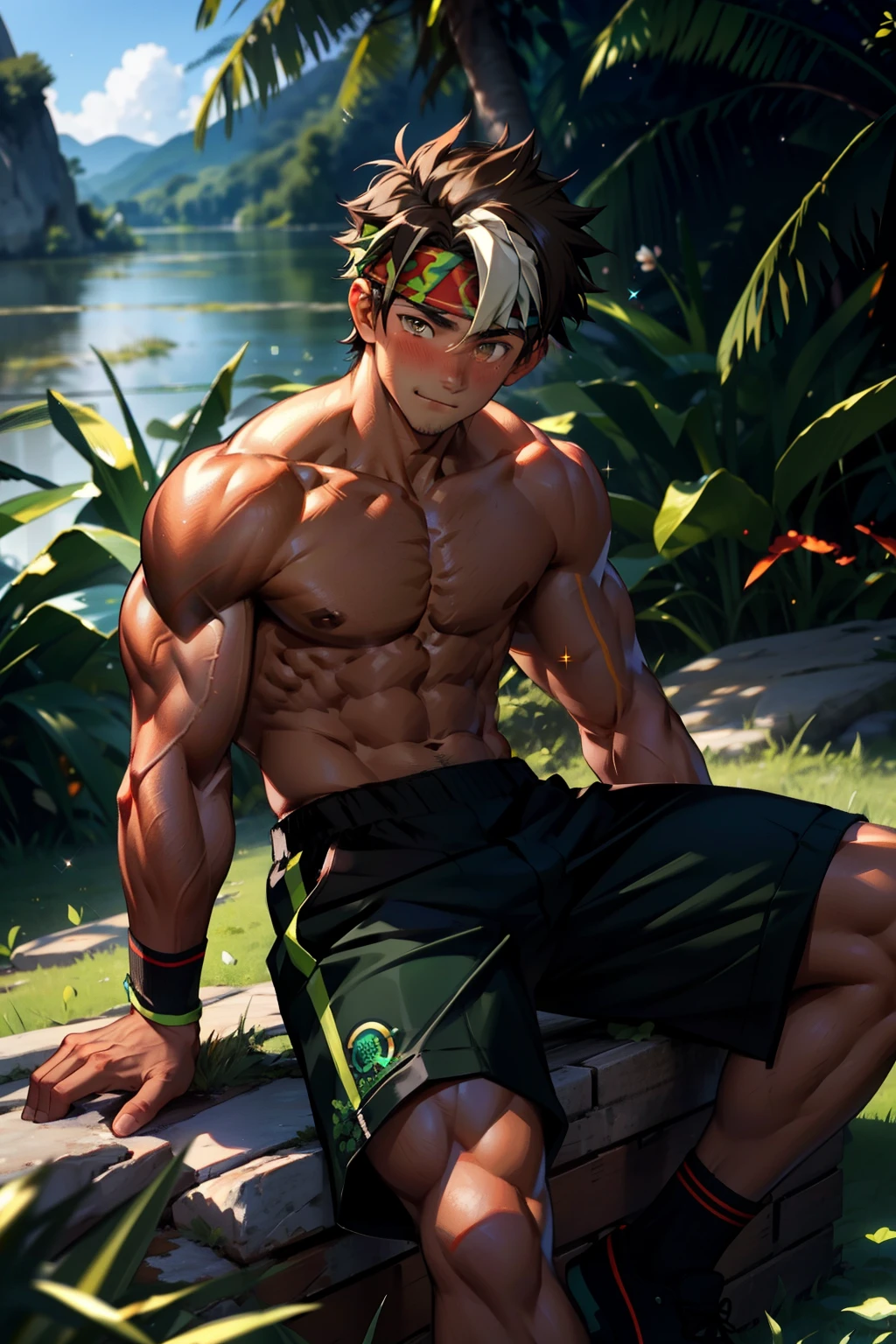 (Masterpiece, Best quality 12 year old boy,Shota), 1boys, Young,Muscular, Short hair, with brown eye, Intricate, Grass, full bodyesbian, Shirtless, Muscles sparkle in the sun,Black shorts, green headband, Vivid colors,(Depth of field:1.2),(Abs),Blush, view the viewer, Sit on grass,