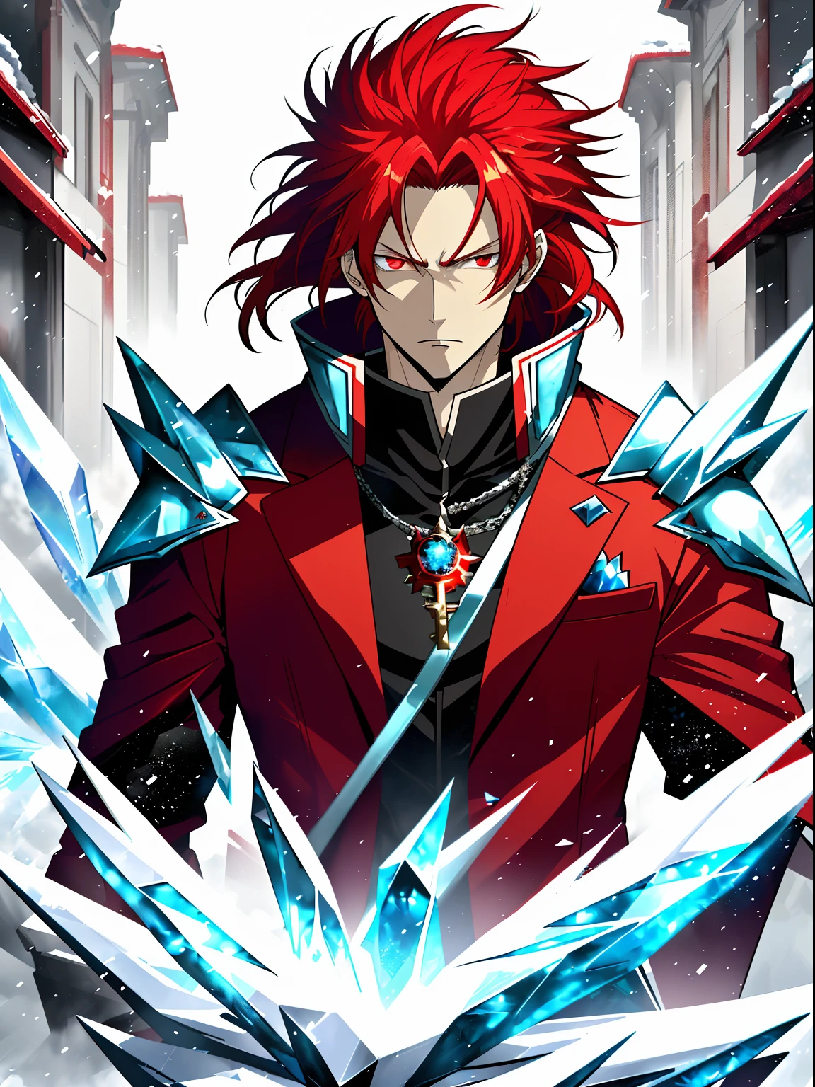 Anime characters with long red hair and red eyes in snowy landscapes, Ice Mage,Tall anime guy with red eyes, freezing blue skin, Key anime art, male anime character, Ice crystal armor, Detailed key anime art, full portrait of magical knight, Red coat, with ice powers