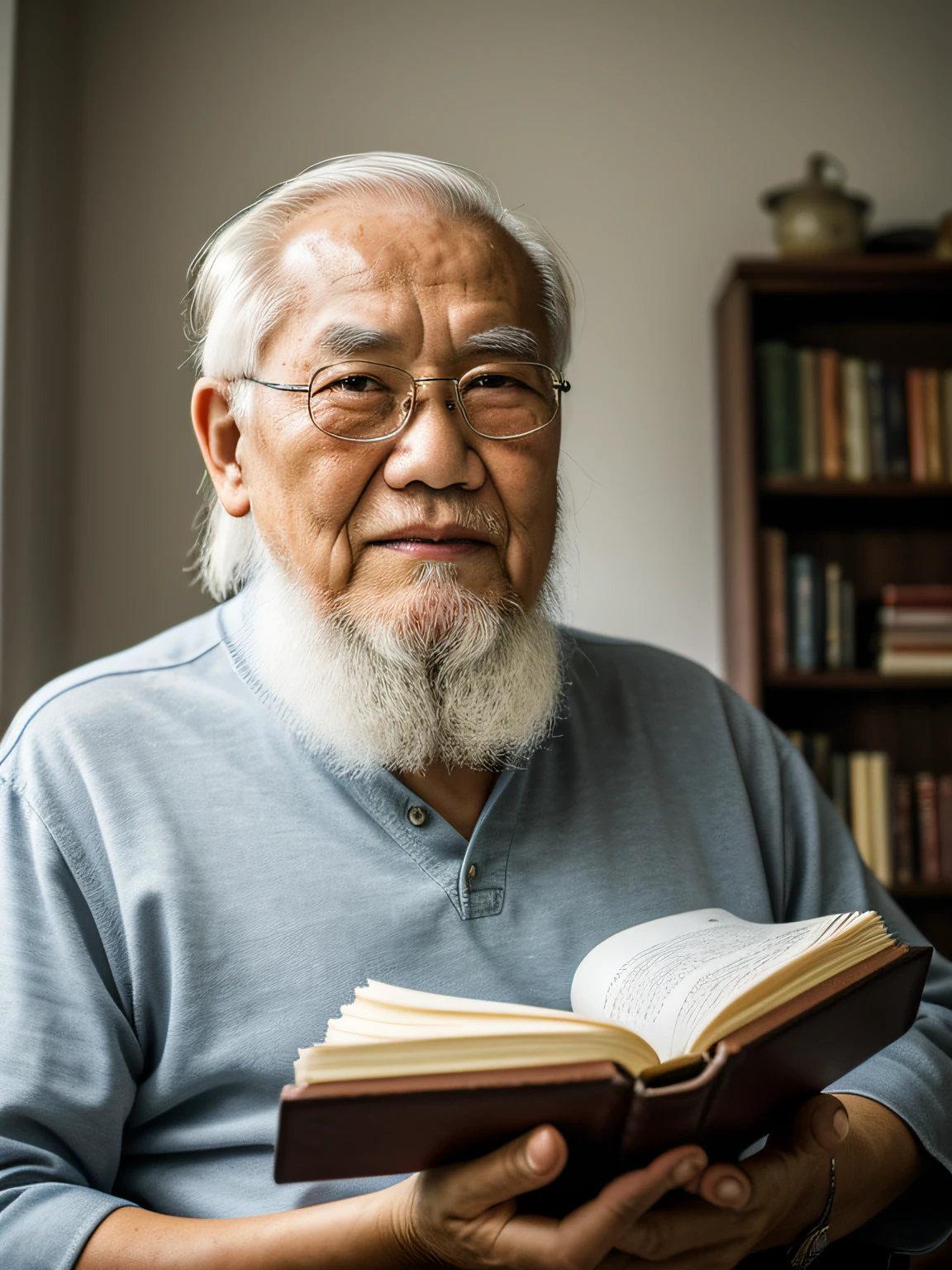 Hyper-Resolution, Ultra photo realsisim, cinema shot, An 80-year-old Asian father，Look at the viewer，Elderly father，Books in hand,Spiritual old man,Single image， Short white hair，White Viking beard,  Wide shoulders,  High focal length, Bust photo，Faraway view，Digital SLR, Dark Studio, rim lit, twotonelighting, Dimly lit, low tune, Backlight,