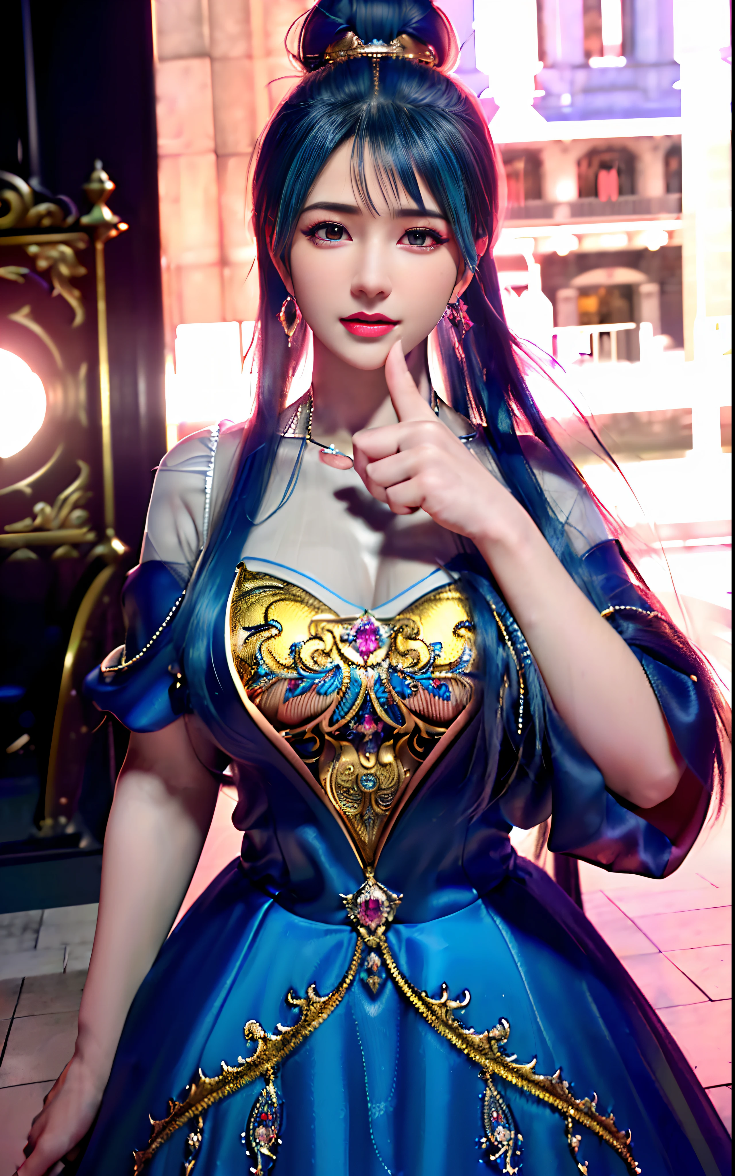 ((realisticity: 1.2)), ((realistic: 8K UHD)), ((best resolution: 8K UHD)), hyper detailed, best quality,masterpiece,highres,cg, ((1 girl hyper detailed and hyper realistic) ) , ((beautiful queen, hyper realistic and hyper detailed)),((white skin, beautiful, smooth, youthful, hyper realistic and hyper detailed )), ((Face hyper beautiful, white, hyper realistic and hyper detailed ) ), long hair, ((hyper realistic and hyper detailed dress)), solo, ((hyper realistic, hyper beautiful, beautiful and hyper detailed jewelry)), ((hyper beautiful deep red and golden yellow dress, hyper realistic and hyper detailed )) , ((Her pretty, hyper realistic, hyper detailed diamond filled earrings)), ((Her gorgeous diamond haircut, hyper realistic and hyper detailed)), ((hyper pretty upper body, hyper beautiful, hyper realistic and hyper detailed) ), ((medium breast: 1.1)), ((hyper realistic, hyper pretty, hyper detailed boobs)), ((the backgroun of the royal palace is hyper majestic, hyper realistic and hyper detailed)),((hands and palms hyper beautiful, hyper detailed, hyper realistic)), ((hyper detailed and hyper realistic fingers and fingernails)), ((hyper pretty fingernails, hyper vivid, hyper detailed, hyper realistic)), ((thumb, index finger, middle finger, ring finger, little finger hyper vivid, hyper pretty, hyper detailed, hyper realistic)),
((hyper beautiful fingers, hyper detailed, and hyper realistic)), ((posture not too fat and not too thin, hyper realistic, hyper detail)), ((hyper pretty, hyper pretty, hyper realistic and hyper detailed hair bun)), ((hyper pretty , hyper realistic and hyper detailed blue hair)), candid, Photo, high resolution, 8k , bokeh,