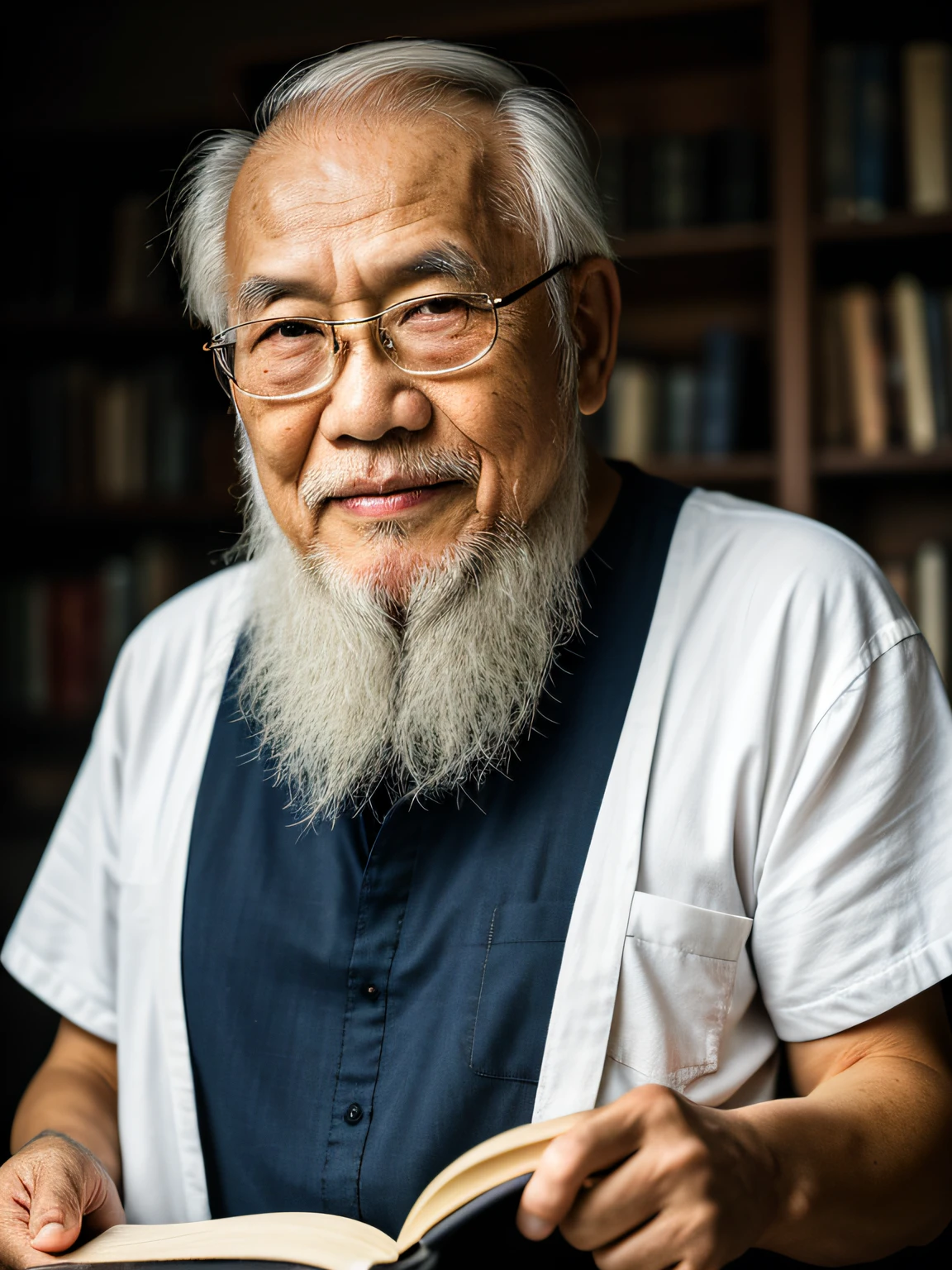 Hyper-Resolution, Ultra photo realsisim, cinema shot, An 80-year-old Asian father,Look at the viewer,Elderly father,Books in hand,Spiritual old man,Single image, Short white hair,White Viking beard, Wide shoulders, High focal length, Bust photo,Faraway view,Digital SLR, Dark Studio, rim lit, twotonelighting, Dimly lit, low tune, Backlight,