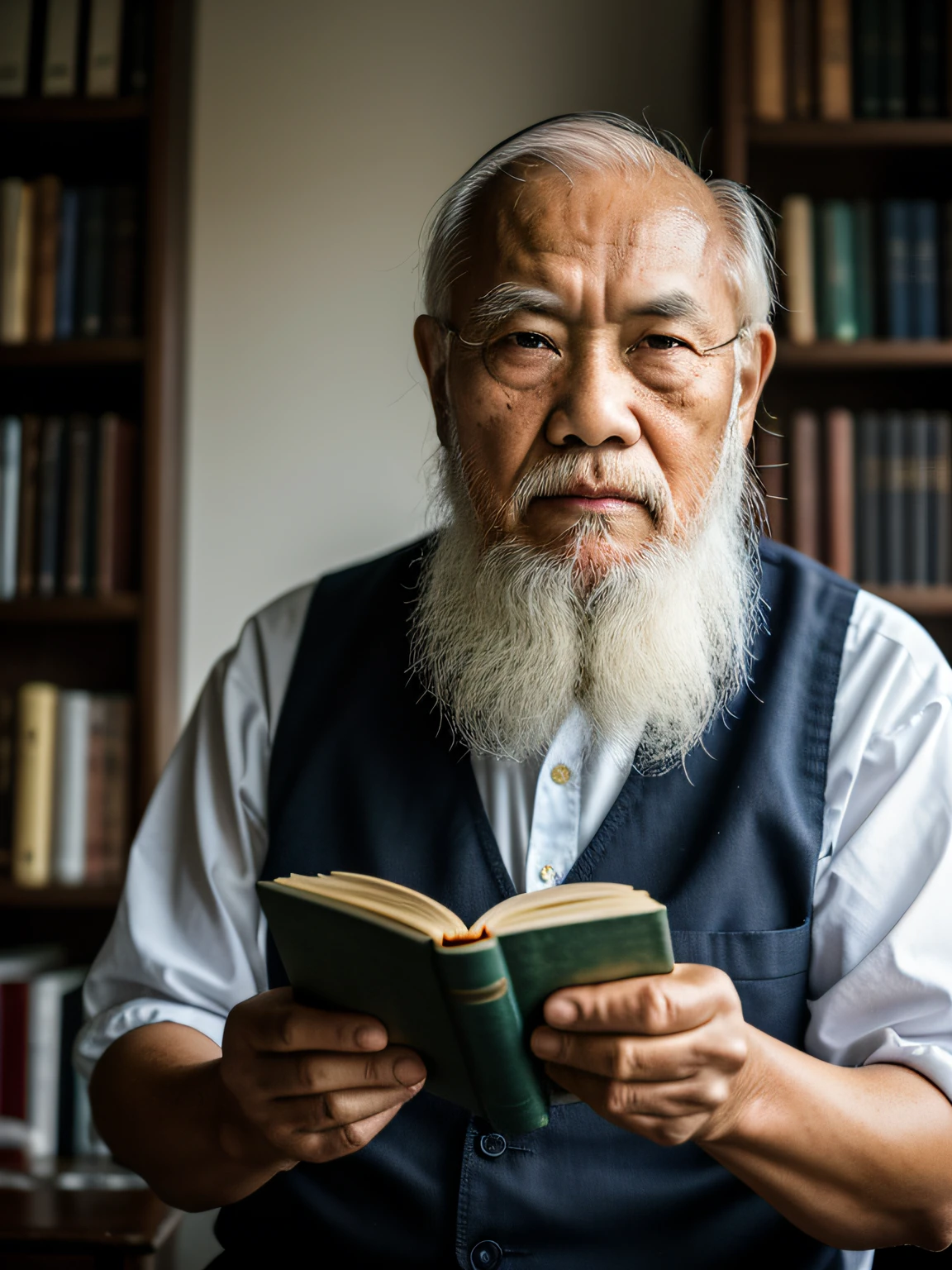 Hyper-Resolution, Ultra photo realsisim, cinema shot, An 80-year-old Asian father,Look at the viewer,Elderly father,Books in hand,Spiritual old man,Single image, Short white hair,White Viking beard, Wide shoulders, High focal length, Bust photo,Faraway view,Digital SLR, Dark Studio, rim lit, twotonelighting, Dimly lit, low tune, Backlight,