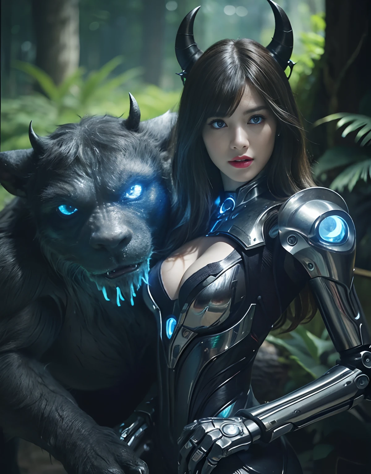 (1 Mechanical Girl)、top-quality、masterpiece、超A high resolution、(Photorealsitic:1.4)、Raw photo、女の子1人、Fight mutants、glowy skin、(((1 Mechanical Girl)))、With a beautiful knife、(Green Metal Bodysuit)、(Kobold、ogre、Fierce battle with orcs),(Fight fiercely against aliens)、Fight fiercely、(beautiful forest background)、(Fighting Demonic Beasts)、(Small LED)、((super realistic details))、portlate、(Strong giant demon beast background),globalillumination、Shadow、octan render、8K、ultrasharp、Colossal tits、Raw skin is exposed in cleavage、metals、Details of complex ornaments、Japan details、highly intricate detail、Realistic light、(Mystical expression),CGSoation Trends、Blue eyes、radiant eyes、Facing the camera、neon details、(Mechanical limbs)、(blood vessels connected to tubes)、Mechanical vertebrae attached to the back、mechanical cervical attaching to neck、(Wires and cables connecting to the head)、Gundam、Small LED、,Mechanical thighs、Toostock、(Hands are also made of machines)、(Attack of the Monster Beasts)、(Wounded in a deadly battle)、
