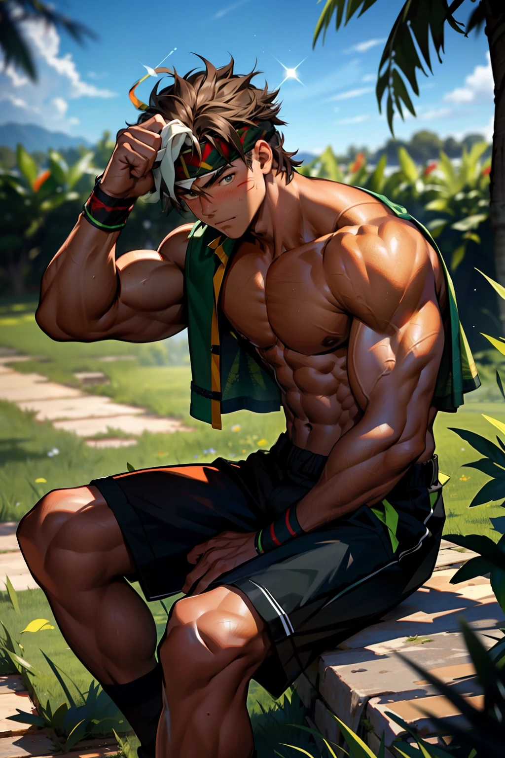 (Green short hair), (((male centaur))), ((bodybuilder)), ((very muscular)), ((broad chest)), ((thick pectorals)), abs, (((small waist))), ((big biceps)), ((large )), ((glans)), ((testicles)), ((nipple piercings)), (((tropical forest))), (((nepenthes))), orchids, tending, caring, collecting, (veiny horse :1.0), extra arms, ExtraArms, tanned skin, erection, flaccid , erected , mature, dapper
