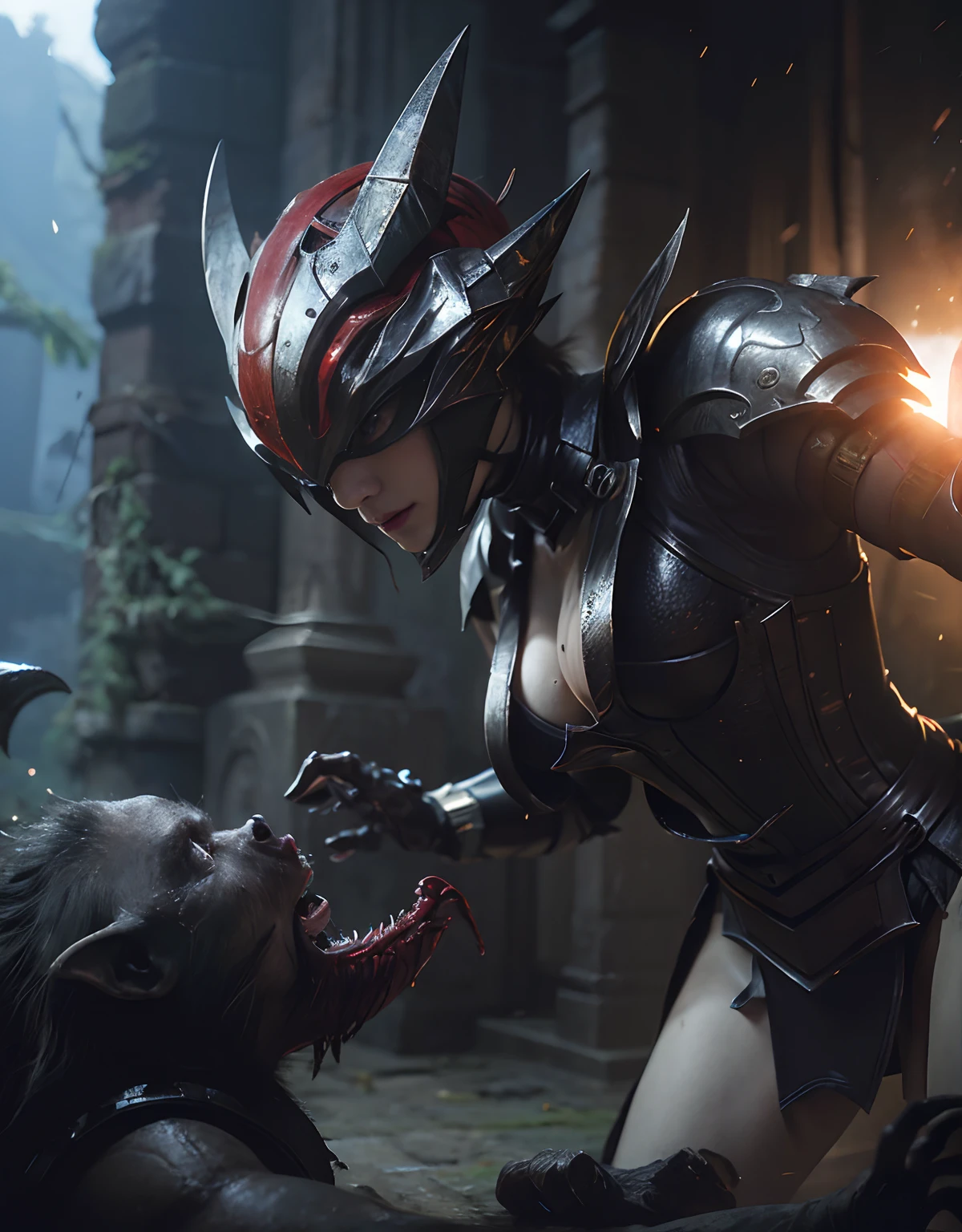 (One Knight Girl)、top-quality、masterpiece、超A high resolution、(Photorealsitic:1.4)、Raw photo、1人、Fight mutants、(Wear the Dark Knight's Armor)、glowy skin、(((Dark Fantasy)))、With a beautiful sword and shield、(Black Metal Bodysuit)、(Fight goblins、ogre、Fierce battle with orcs),(Fight fiercely against aliens)、Fight fiercely、(Background of decaying dungeon ruins)、(Knight's helmet)、(Fighting Demonic Beasts)、(Small LED)、((super realistic details))、portlate、(Strong giant demon beast background),globalillumination、Shadow、octan render、8K、ultrasharp、Colossal tits、Raw skin is exposed in cleavage、metals、Details of complex ornaments、Japan details、highly intricate detail、Realistic light、(Mystical expression),CGSoation Trends、Red Eyes、radiant eyes、Facing the camera、neon details、(Mechanical limbs)、(blood vessels connected to tubes)、()、Gundam、Small LED、Toostock、(Fight aliens on another planet)、(Attack of the Monster Beasts)、(Wounded in a deadly battle)、