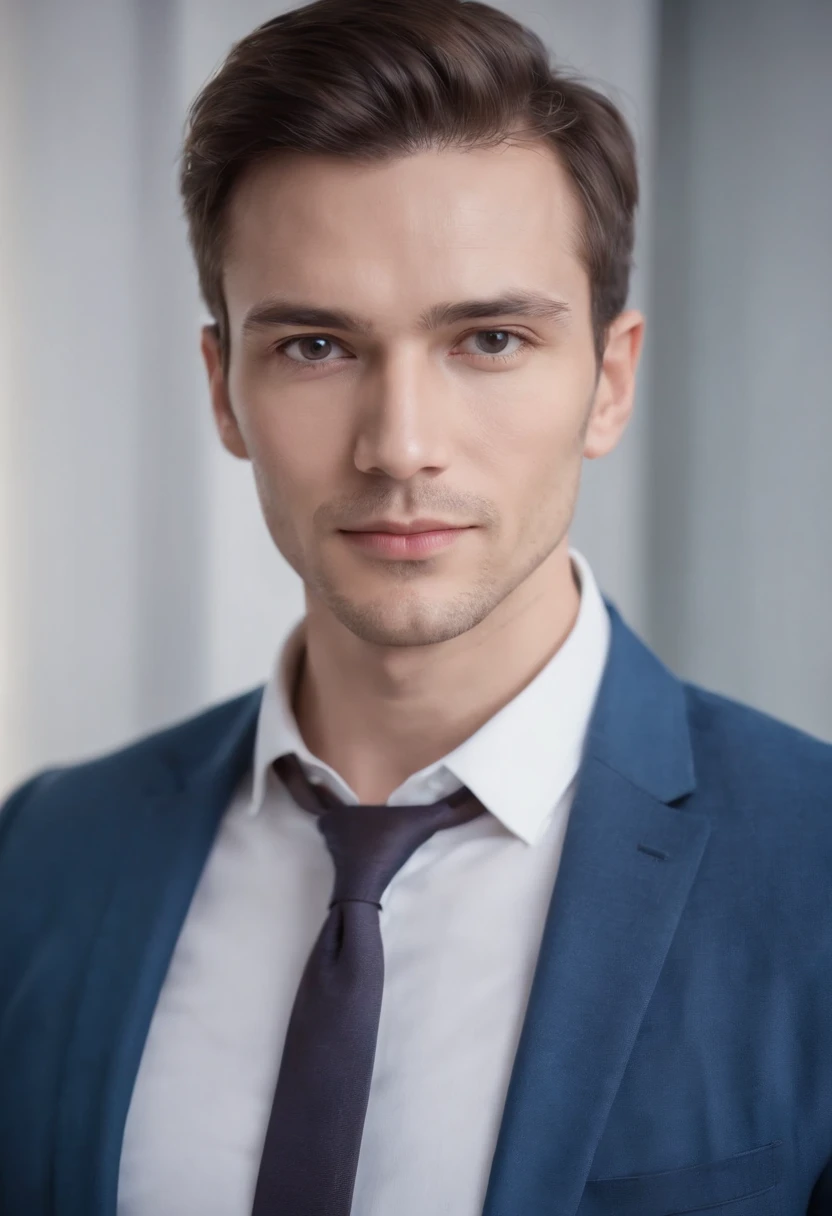 Portrait of handsome man 30 years old round face cinematic appearance、White shirt and jacket in office、Looking straight ahead at the camera、Genial look、Gentle eyes、blue jacket