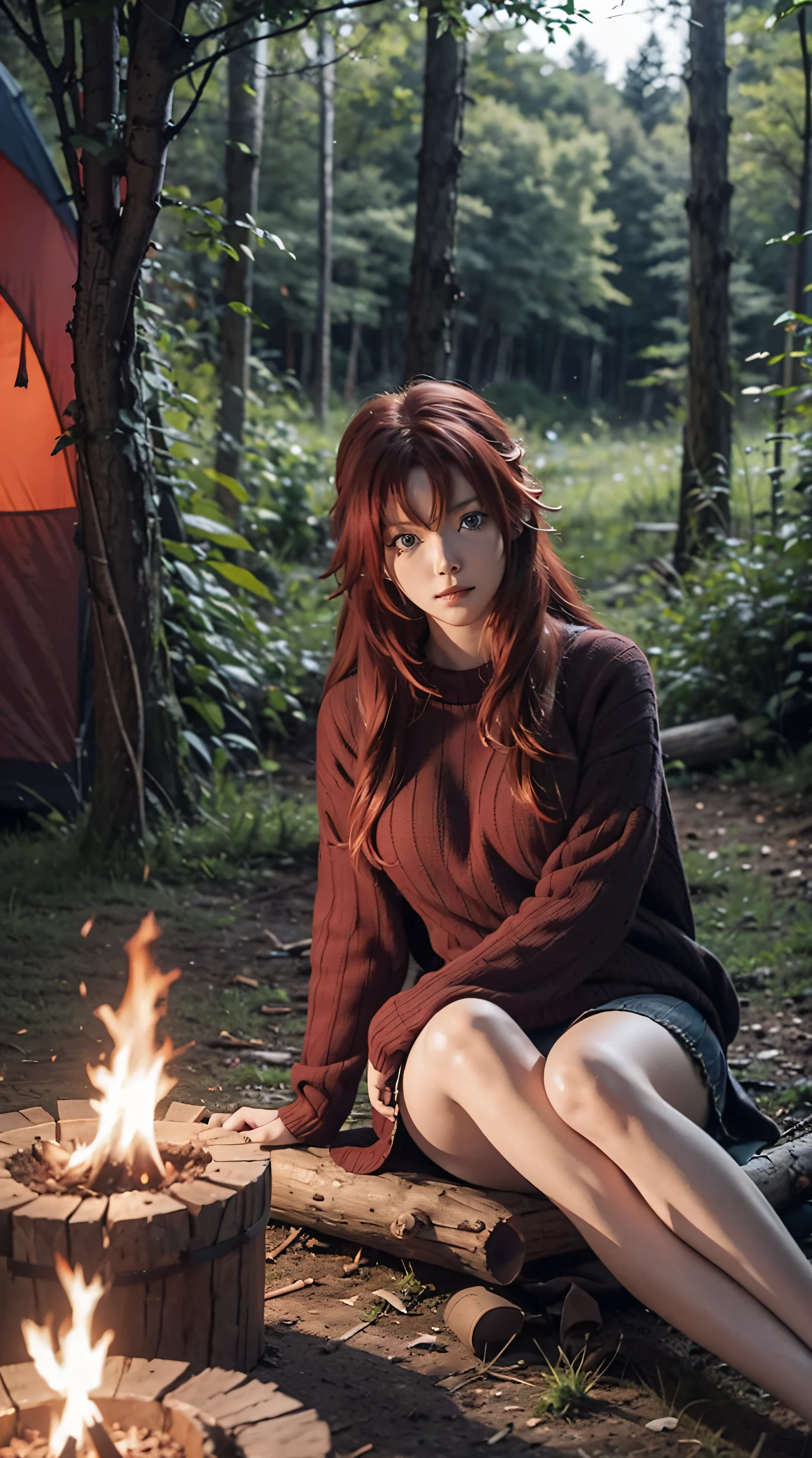 make up gremory, red hair, long hair, blue eyes, sitting on a log, beautiful, beautiful woman, perfect body, perfect breasts, wearing a sweater, in the forest, camping, camping tent, trees, night, evening, campfire , looking at the viewer, a slight smile, realism, masterpiece, textured skin, super detail, high detail, high quality, best quality, 1080p, 16k