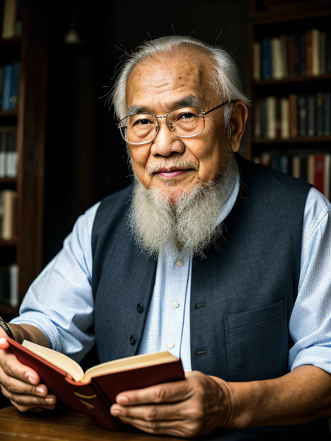 Hyper-Resolution, Ultra photo realsisim, cinema shot, An 80-year-old Asian father,Look at the viewer,Elderly father,Books in hand,Spiritual elderly,Single image, Short white hair,White Viking beard, Wide shoulders, High focal length, Bust photo,Faraway view,Digital SLR, Dark Studio, rim lit, twotonelighting, Dimly lit, low tune, Backlight,