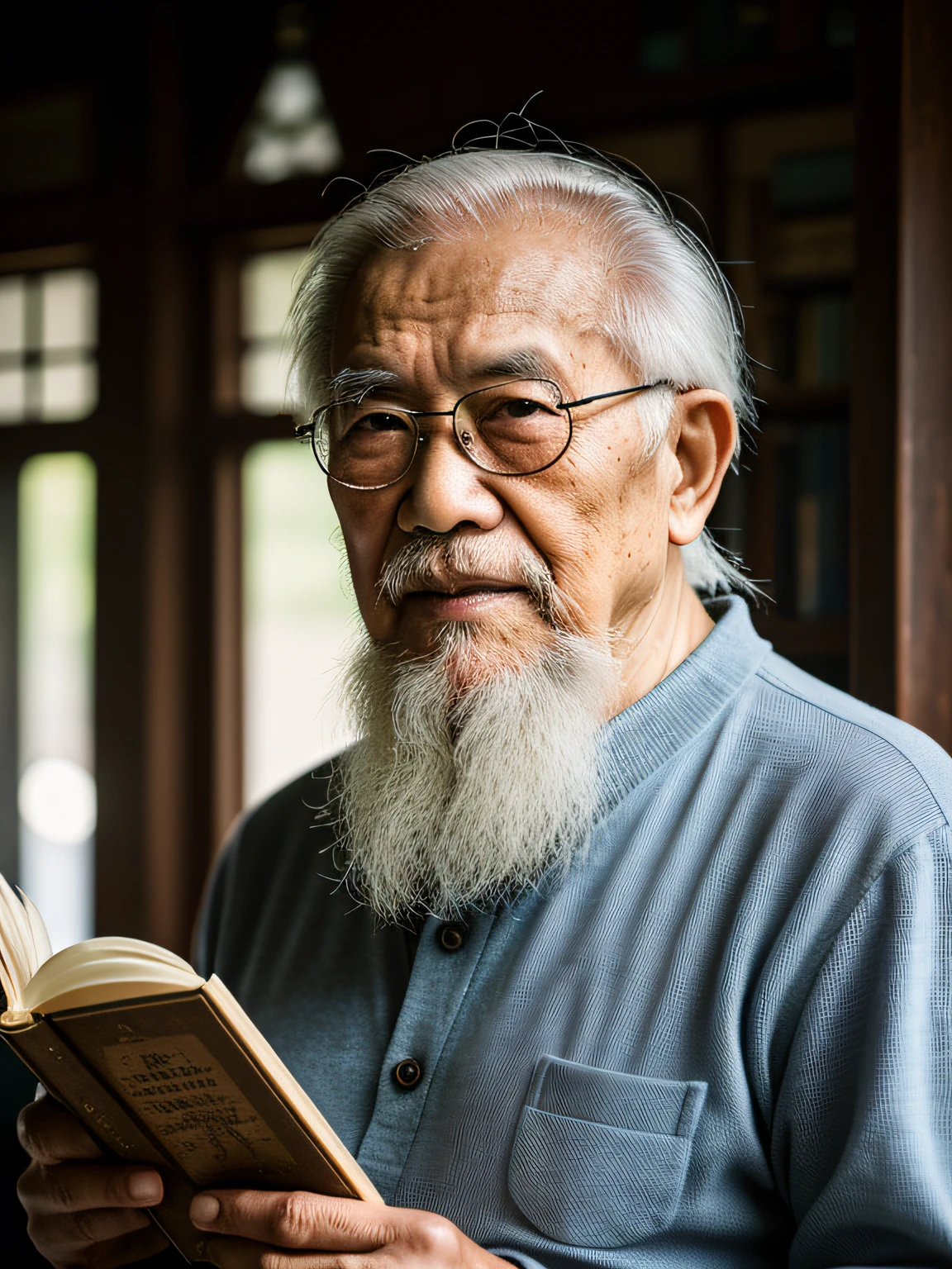 Hyper-Resolution, Ultra photo realsisim, cinema shot, An 80-year-old Asian father,Look at the viewer,Elderly father,Books in hand,Spiritual elderly,Single image, Short white hair,White Viking beard, Wide shoulders, High focal length, Bust photo,Faraway view,Digital SLR, Dark Studio, rim lit, twotonelighting, Dimly lit, low tune, Backlight,