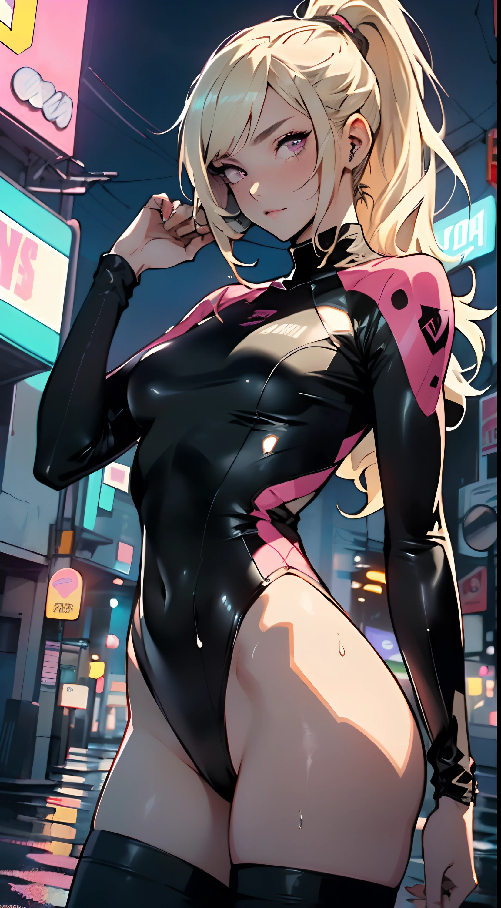 1girl, swimmer, (beautiful face),(blonde hair),
(medium breasts),straight hair, ponytail long hair, colored inner hair, neon_pink_eyes, intricate eyes,beautiful detailed eyes,symmetrical eyes, wet legs,(spider lower abdomen, narrow waist, wide hip, athletic body, slim legs, slim thighs, perfect body, (detailed face),
cute,slutty,seductive,erotic,nsfw,
zettai ryouiki, (one-piece swimsuit), magenta, magenta armor swimsuit, wet clothes, intricate outfit, intricate clothes,
(dynamic pose:1.0),embarrassed,centered,scale to fit dimensions,Rule of thirds,
cyberpunk city by the ocean at night, with bright neon signs and dark stormy clouds and puddles, scenery:1.25,
artistic photography,,high-res, sharp focus, ultra detailed, extremely detailed, photorealistic artwork, extremely detailed CG, synthwave background,vibrant colors,intricate background,masterpiece,best quality, 4k